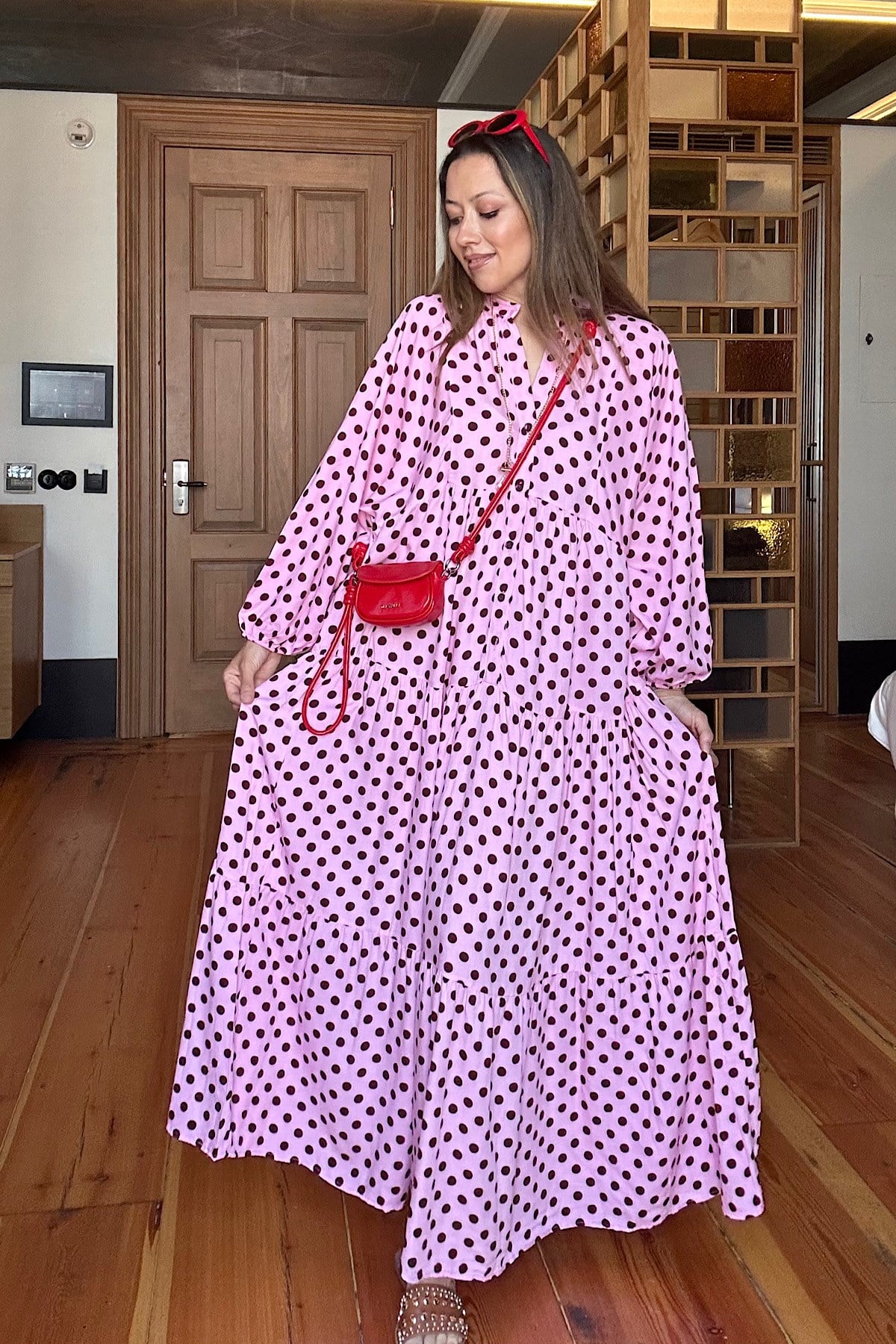 Puantiye Önden Düğmeli Elbise -Pembe Üzeri Bordo