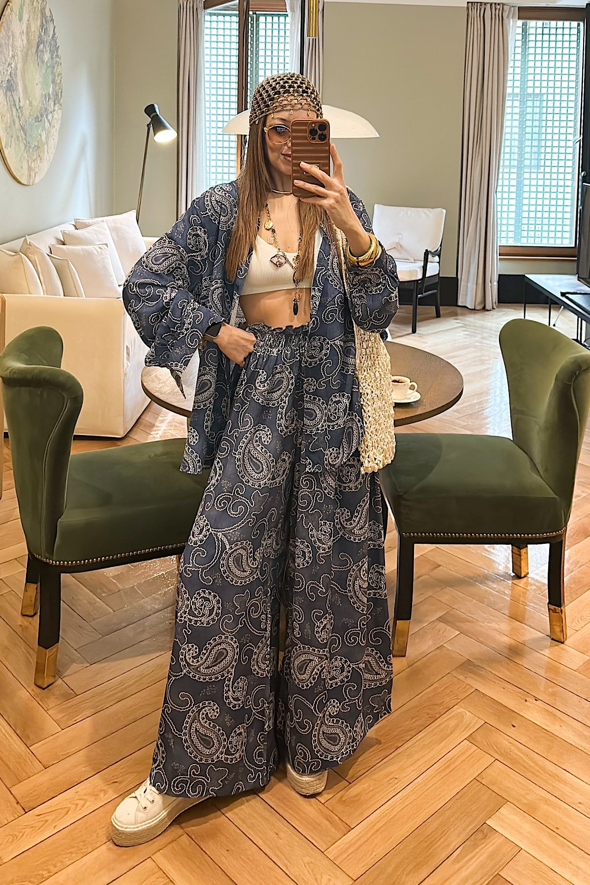 ŞAL DESEN DÜĞMELİ TAKIM - MAVİ