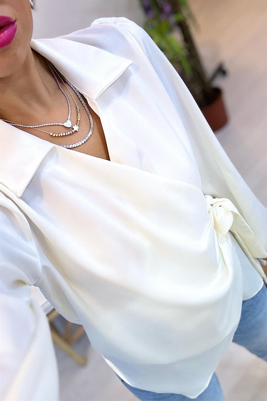 Saten Bağlamalı Bluz - Ekru