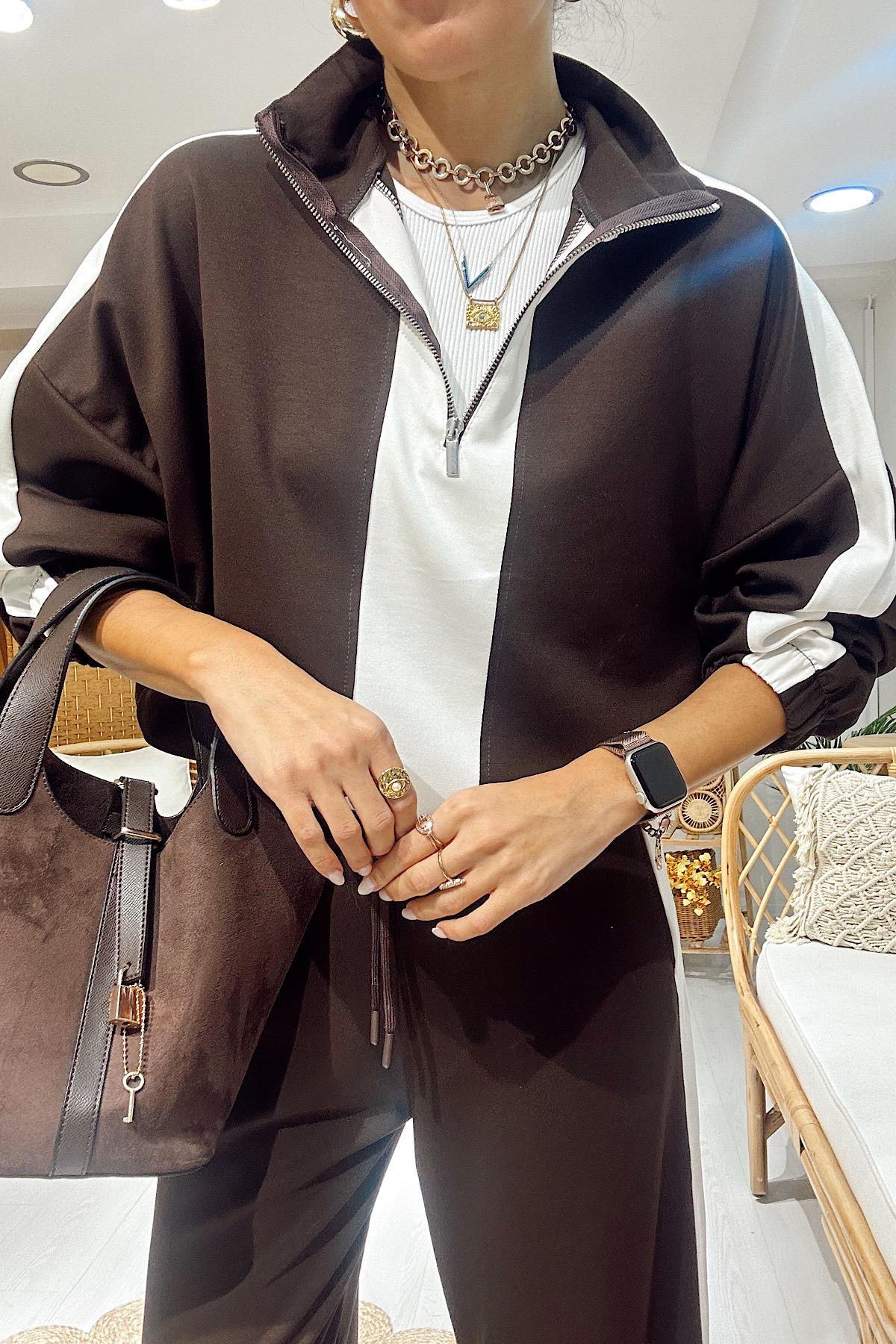 Şeritli İkili Takım- Kahve