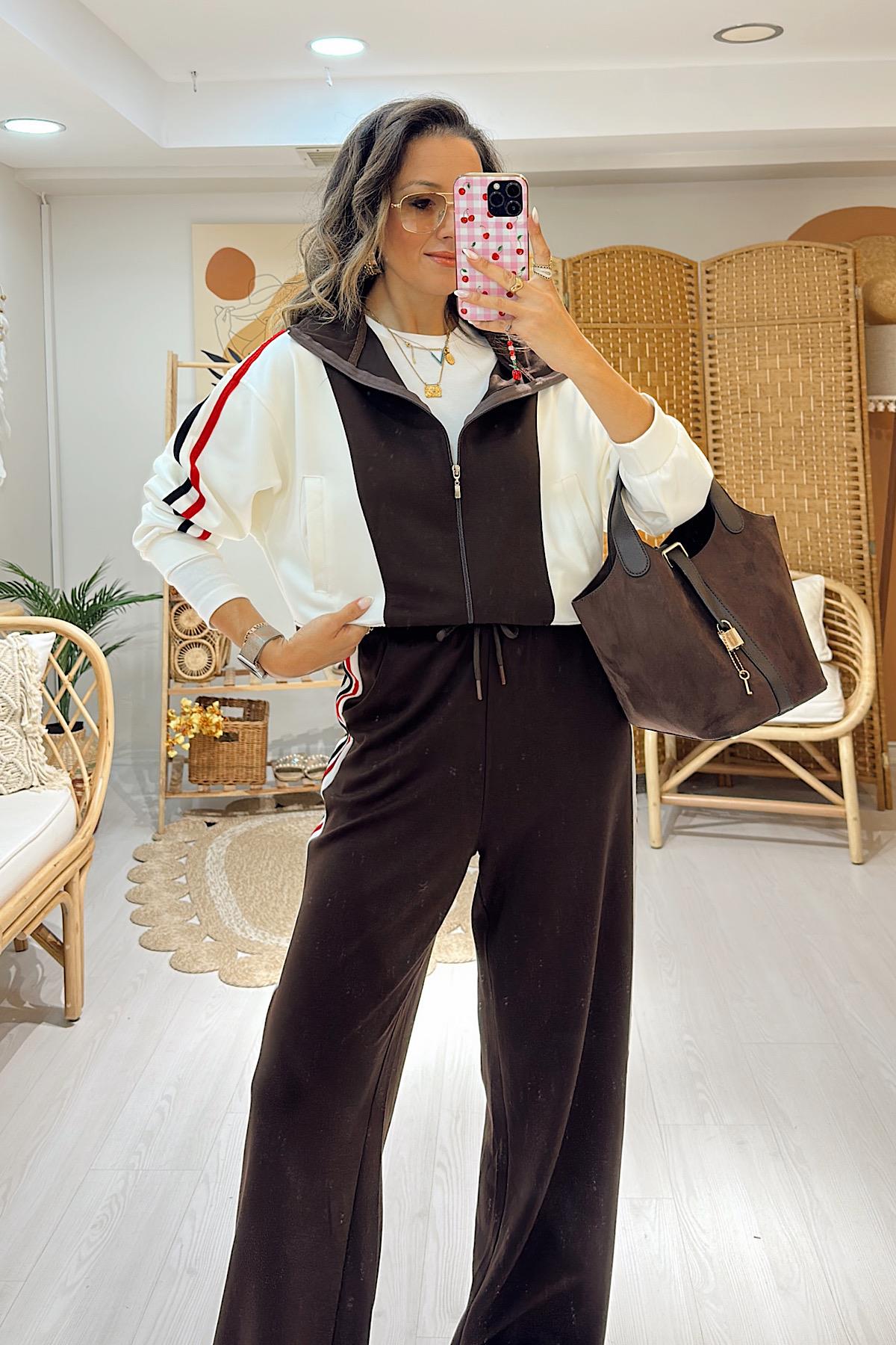 Şeritli Modal Takım- Kahve