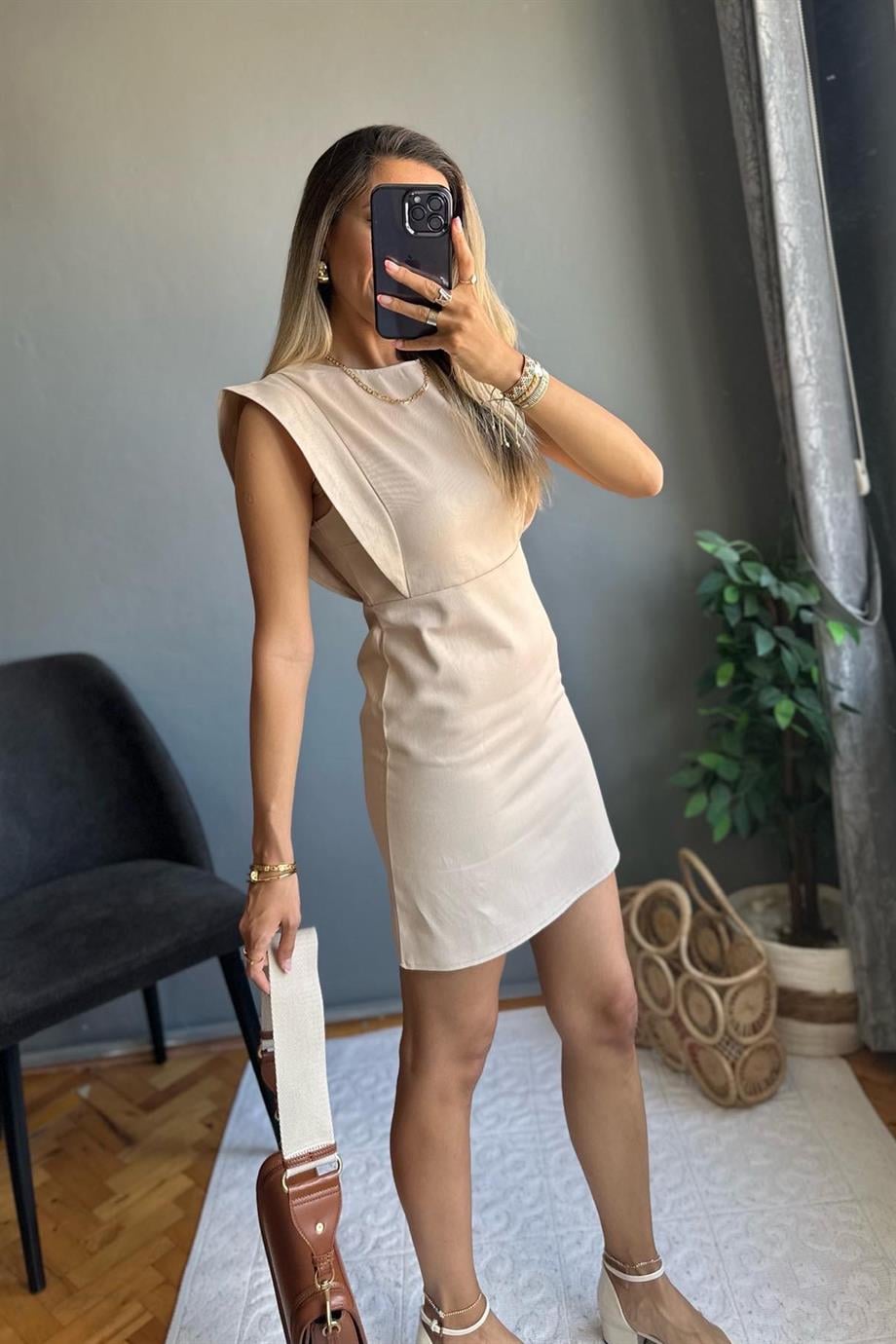 Taş Gabardin Mini Elbise