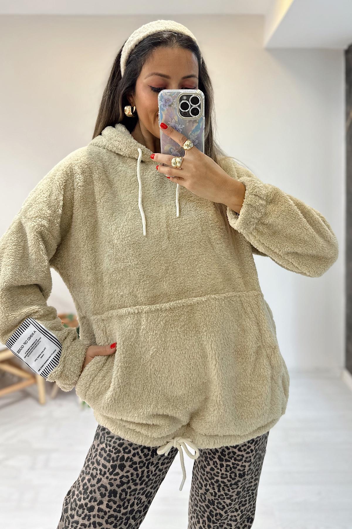 Tedi Kapüşonlu Sweatshirt - Nude