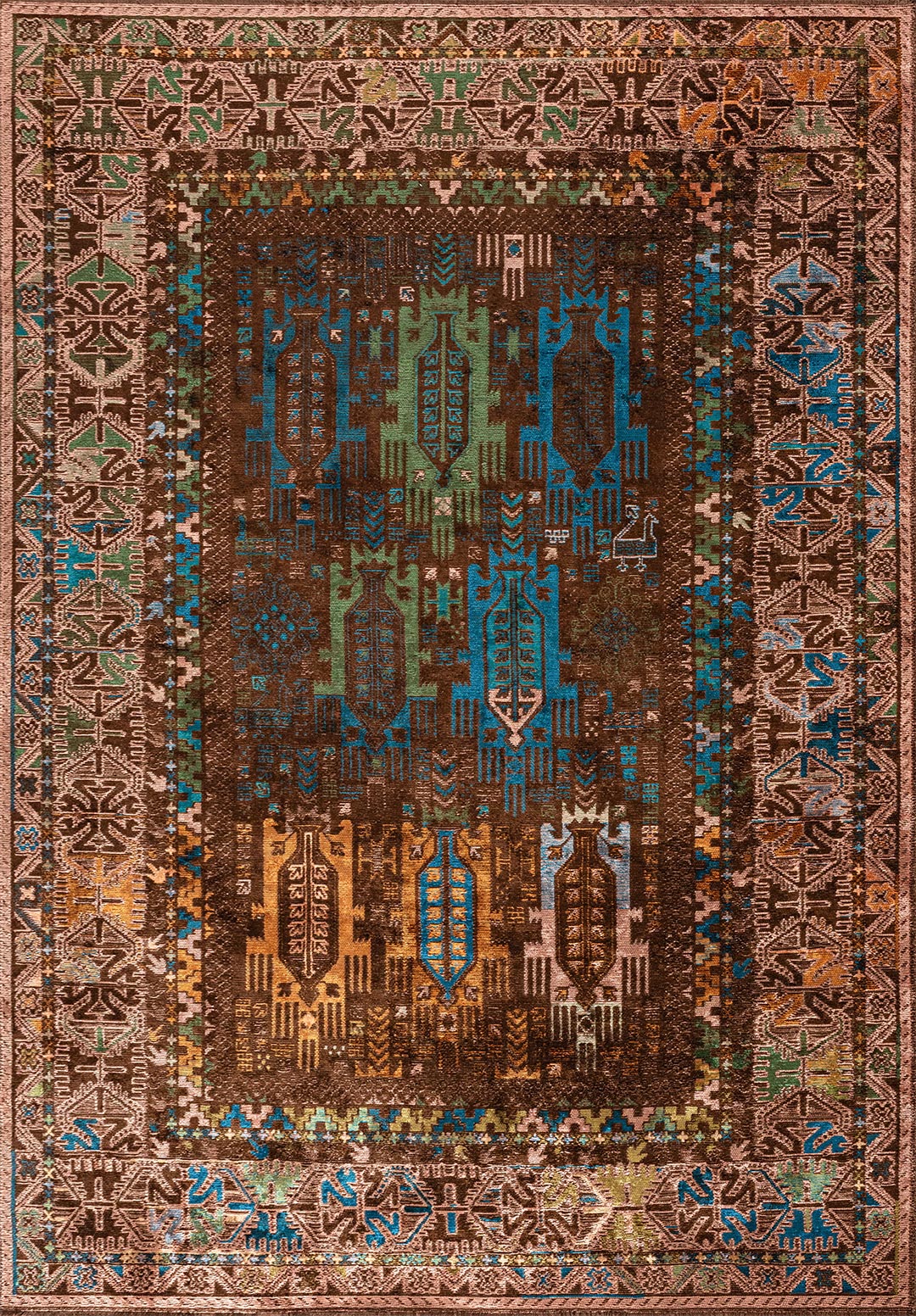 FOLK DARK BROWN - FOREST GREEN - ORANGE - LIGHT CORAL - CYAN - KIWI RUG