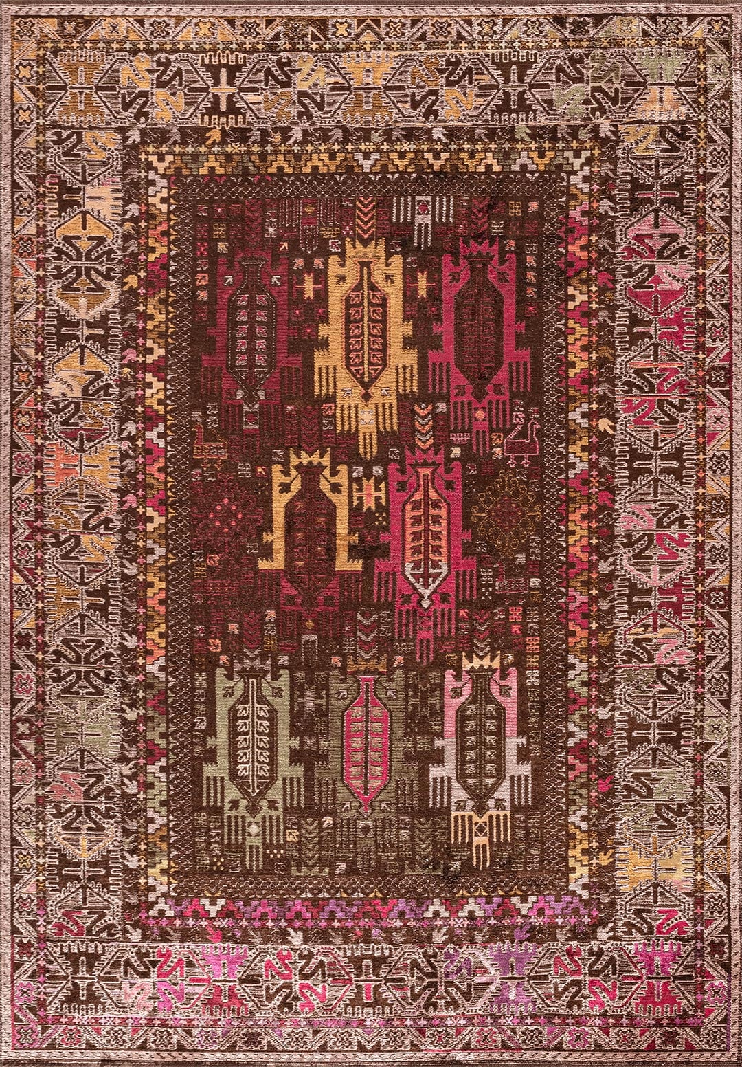 FOLK DARK BROWN - MUSTARD - GREEN - COPPER - MAGENTA - PURPLE RUG
