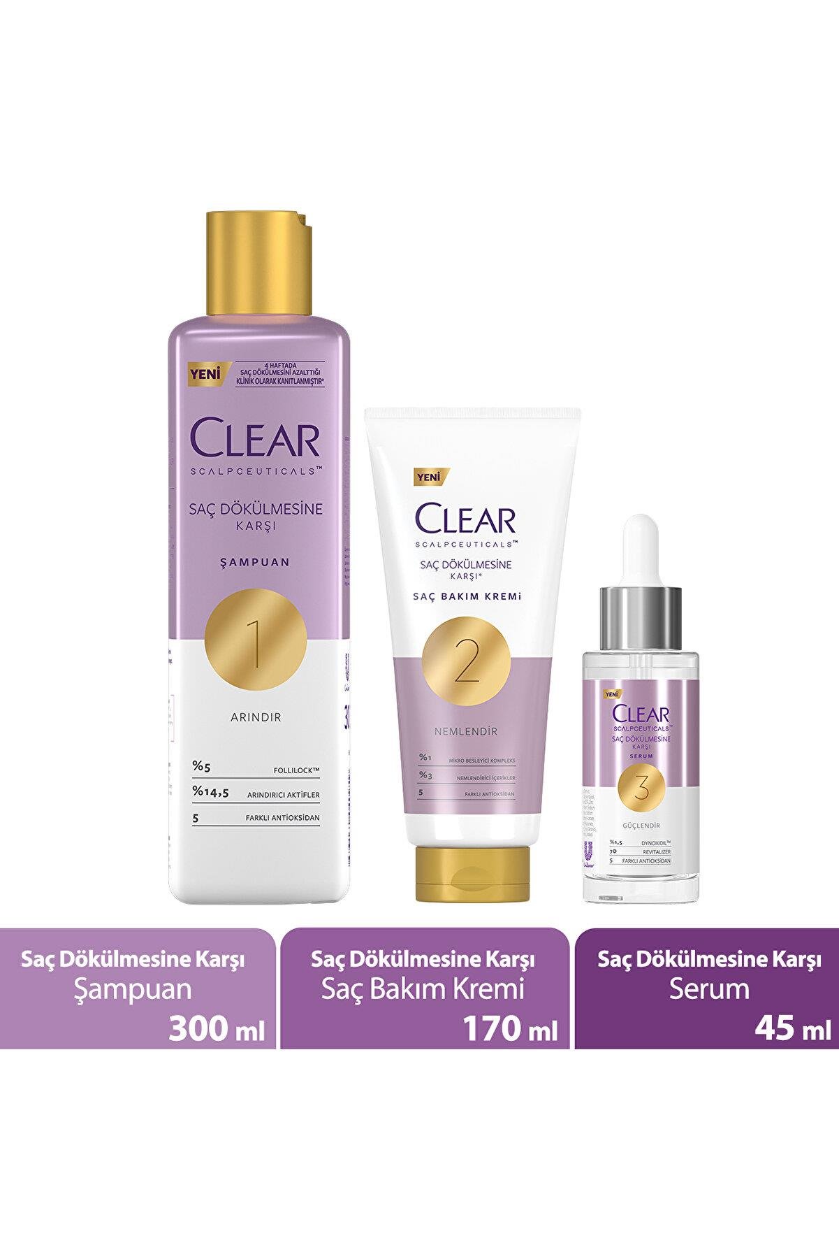 Clear Scalpceuticals Saç Bakım SETİ  (Saç Dökülmesine Karşı Şampuan 300 ml Saç Bakım Kremi 170 ml Serum 45 ml)