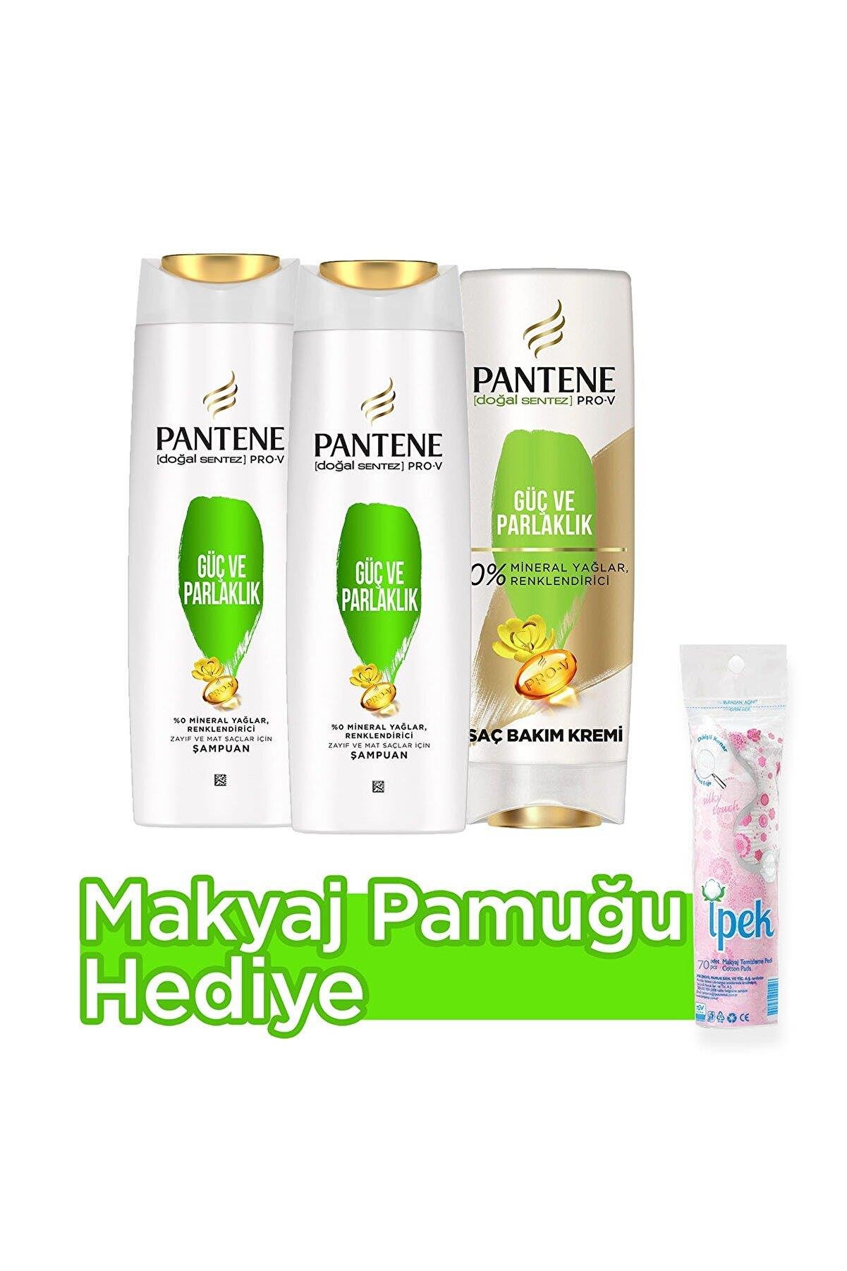 Pantene Güç Ve Parlaklık Şampuan 400 ml X 2 Saç Bakım Kremi 360 ml - Makyaj Pamuğu Hediye