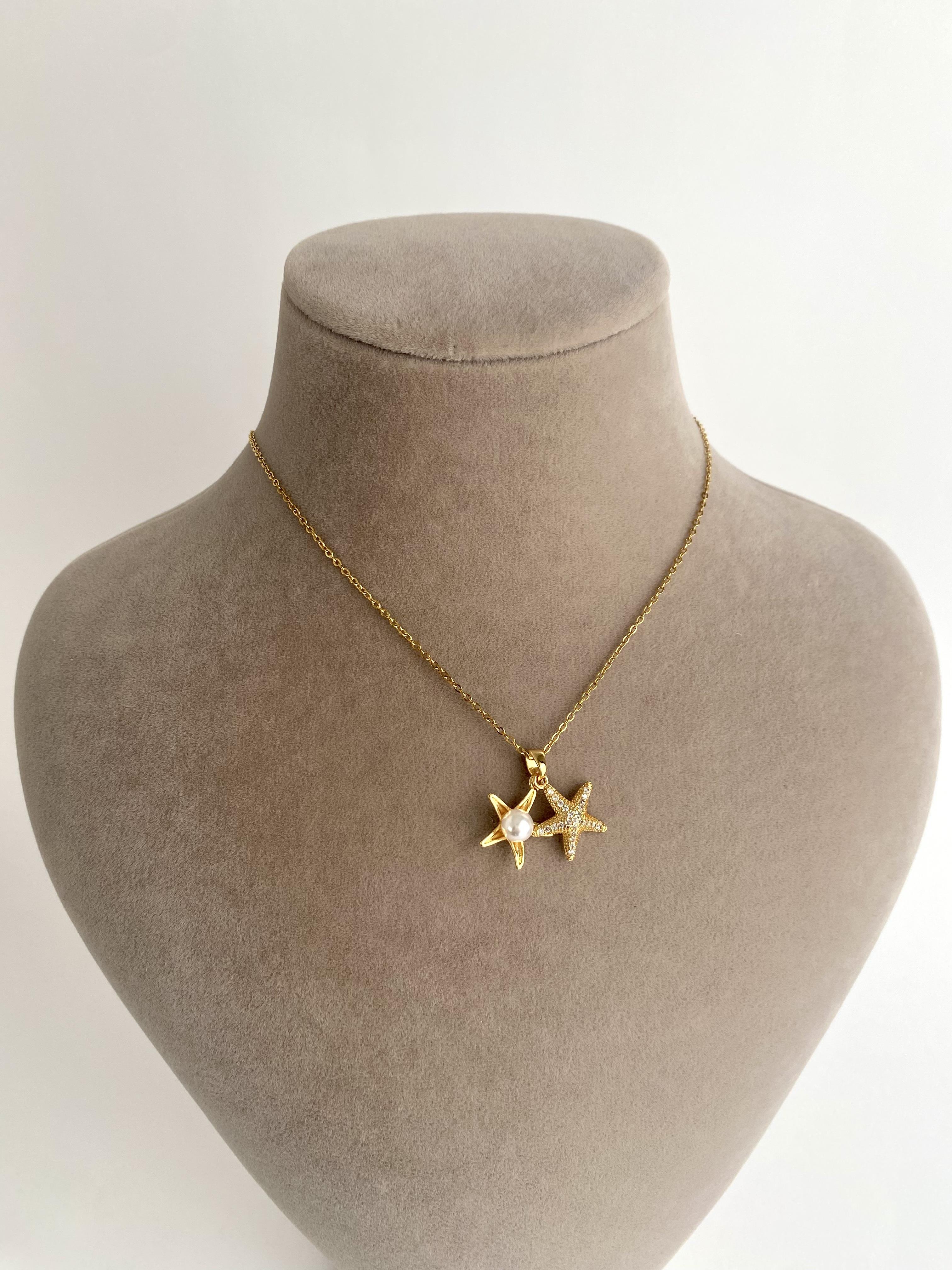 İncili Deniz Yıldızı Çelik Kolye - Gold