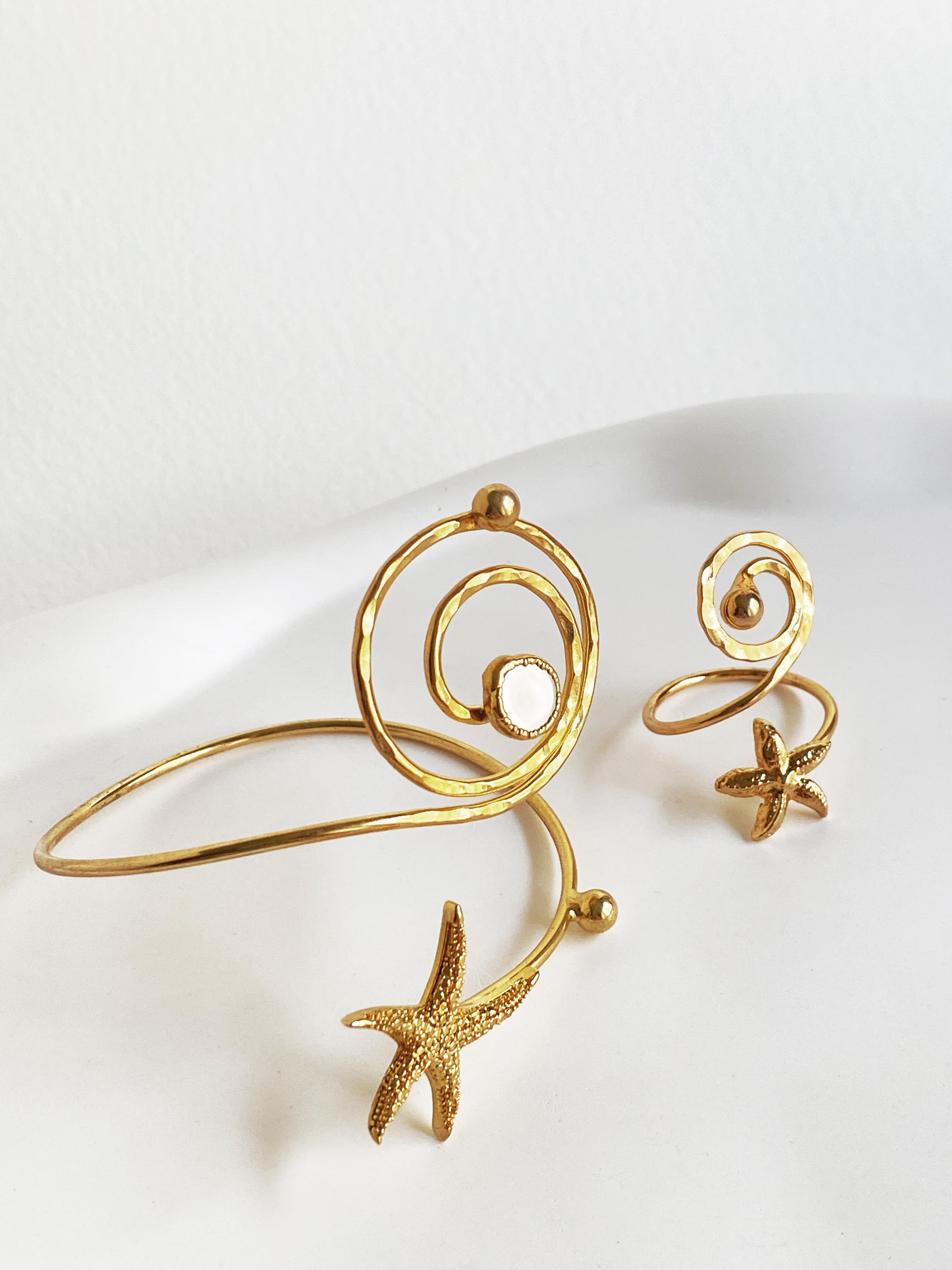 Özel Tasarım Altın Kaplama Deniz Yıldızı Spiral Detaylı Ayarlanabilir El Yapımı Bileklik ve Yüzük Seti