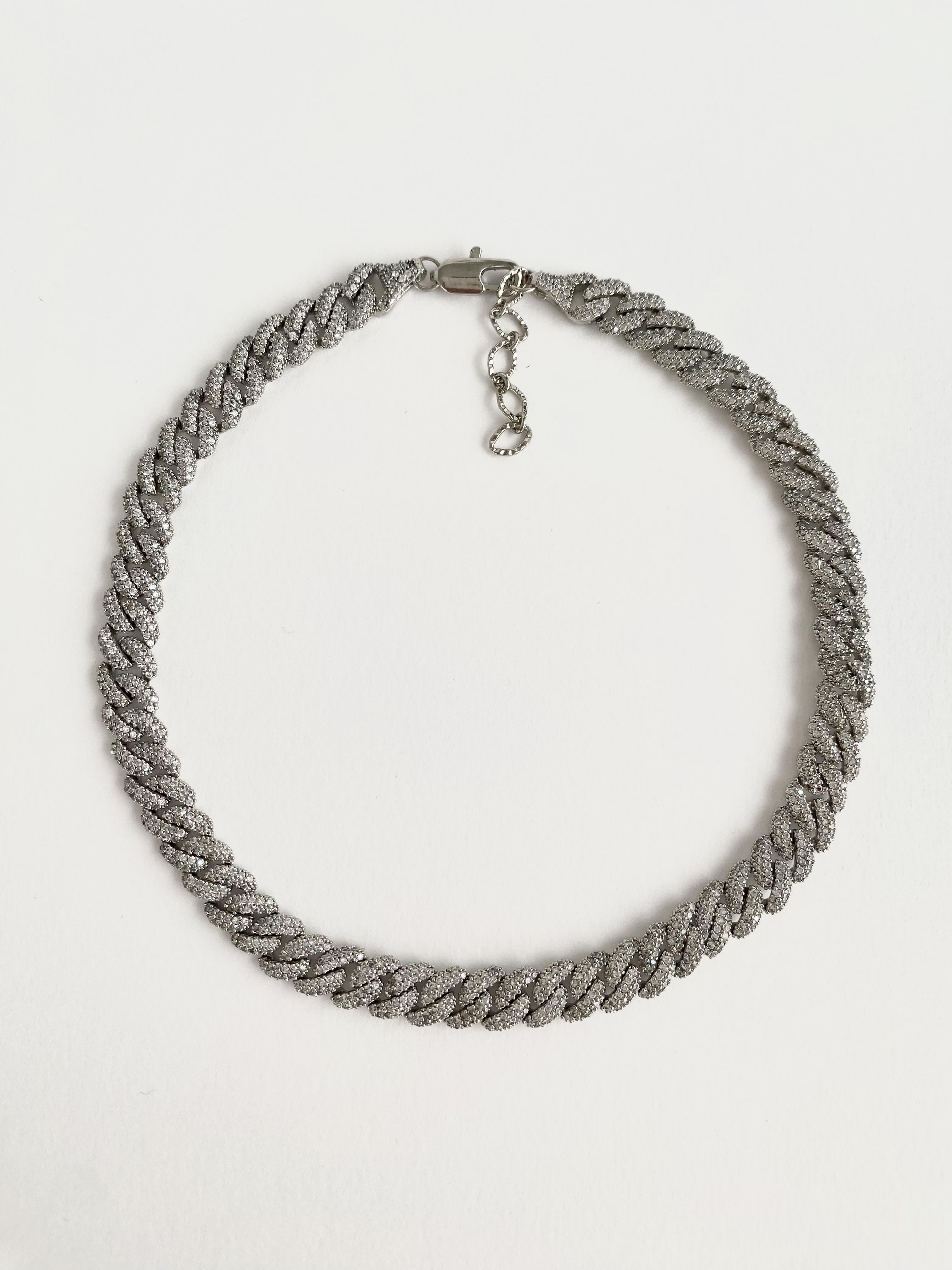 Özel Tasarım Zirkon Taşlı Choker Zincir Kolye - Silver