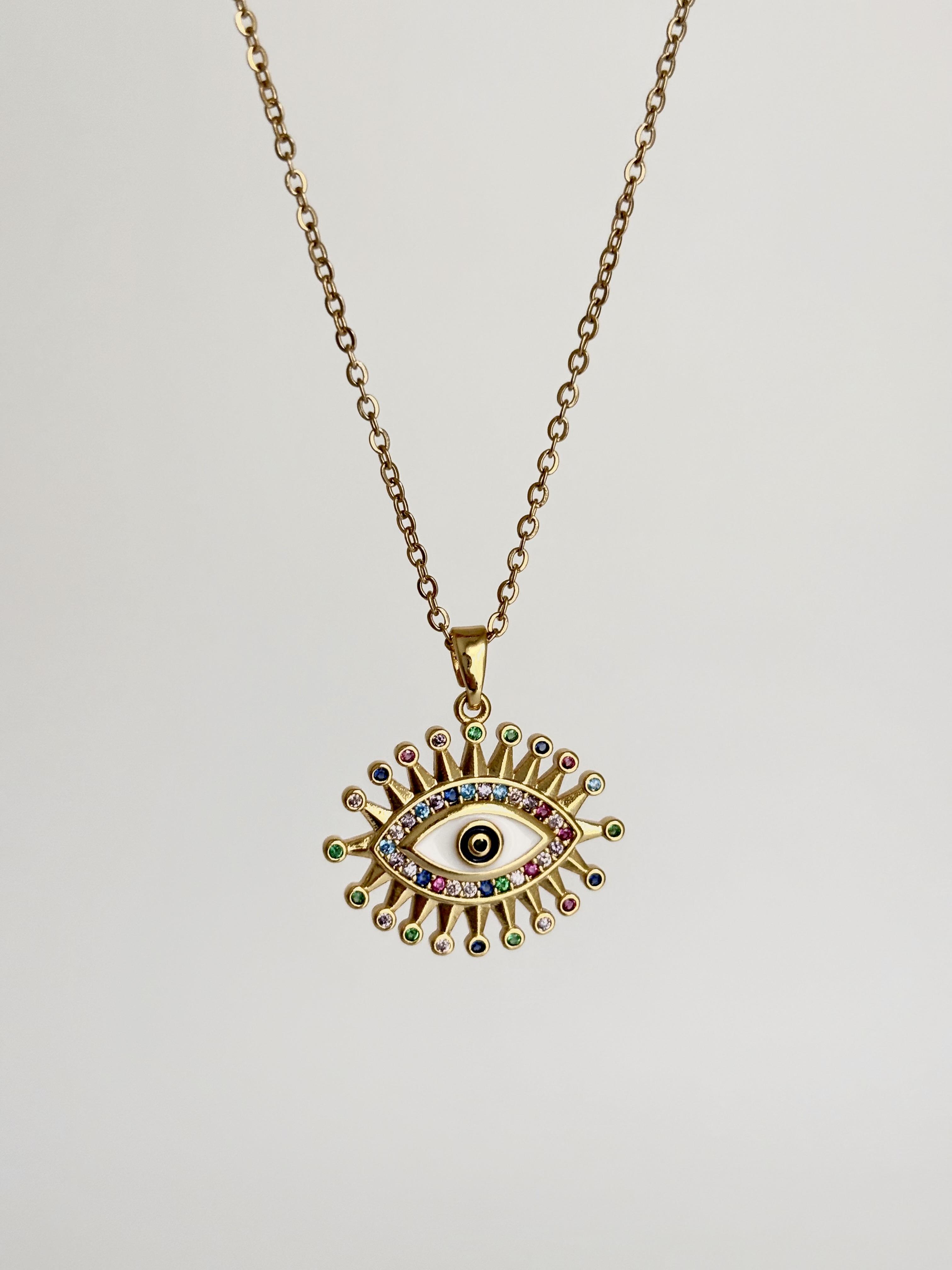 Renkli Zirkon Taşlı Göz Çelik Kolye