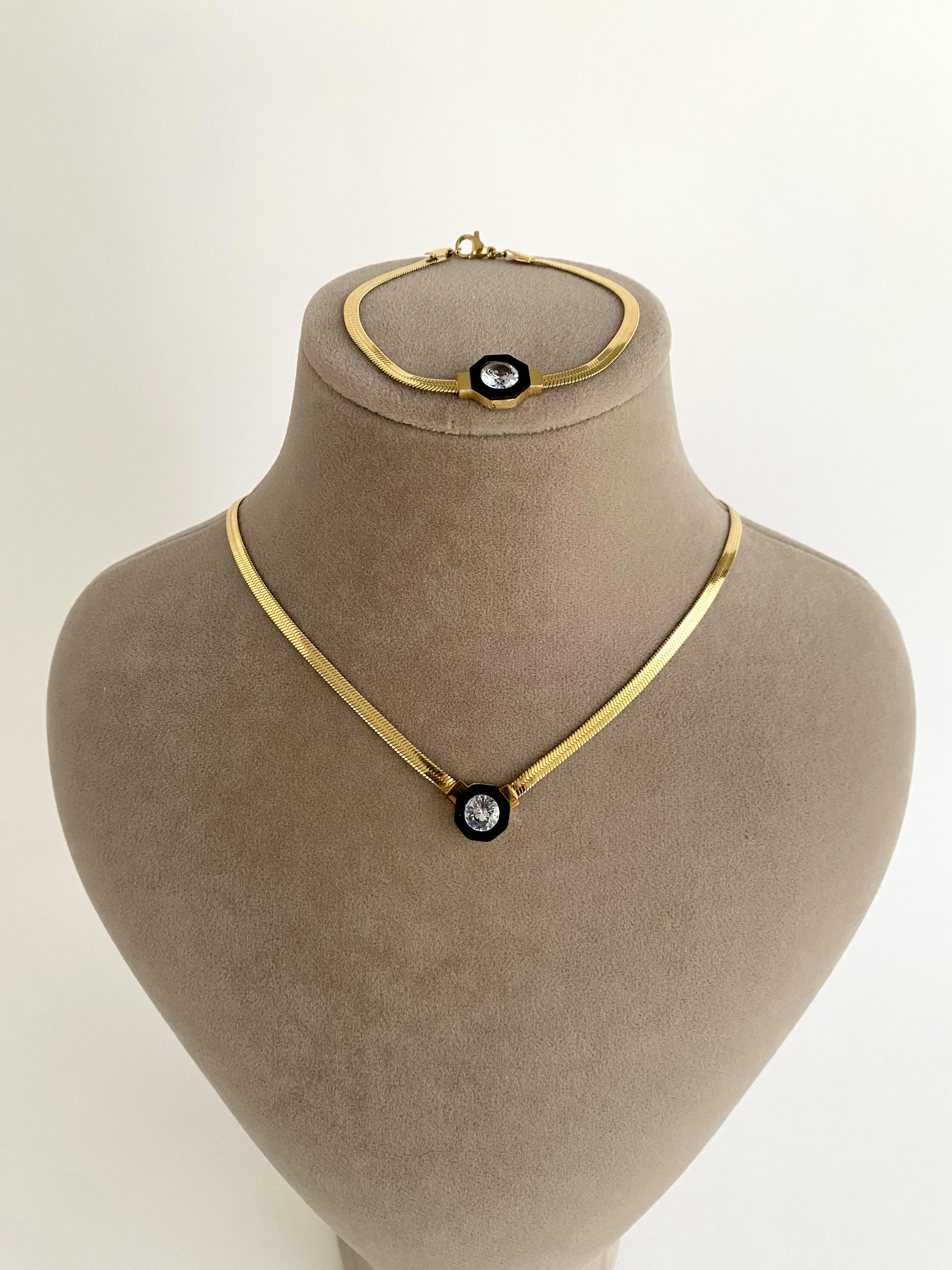 Siyah Uçlu İtalyan Ezme Çelik Kolye ve Çelik Bileklik Seti 