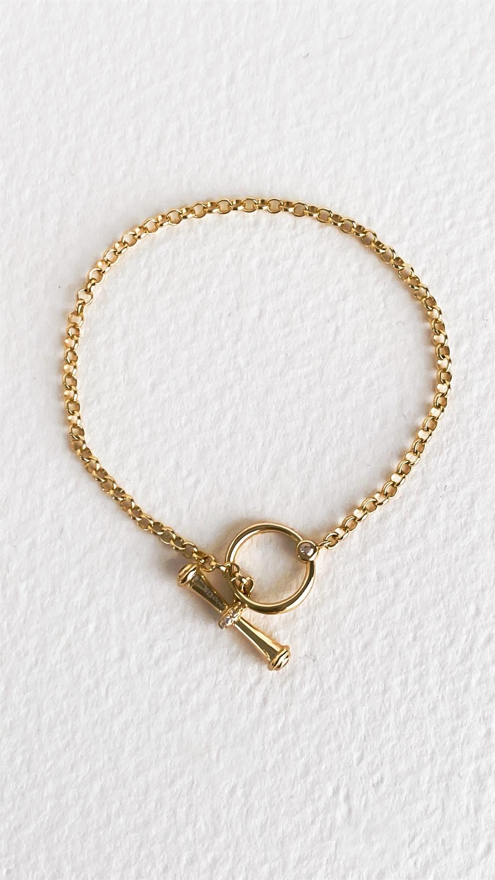 Taş Detaylı 18 Ayar Sarı Altın Kaplama 18 Cm Gümüş Zincir Bileklik