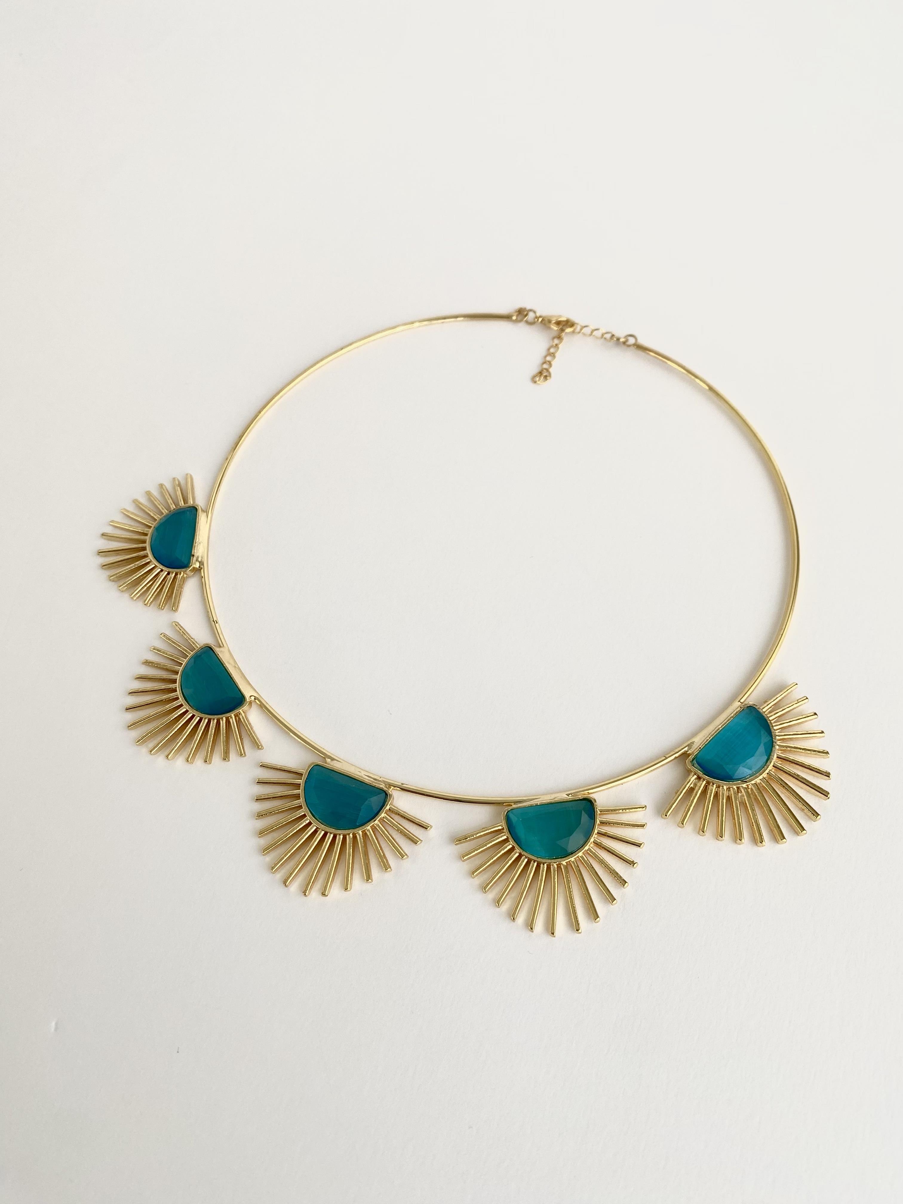 Tasarım Kedi Gözü Taşlı Golden Hour Choker Kolye - Mavi