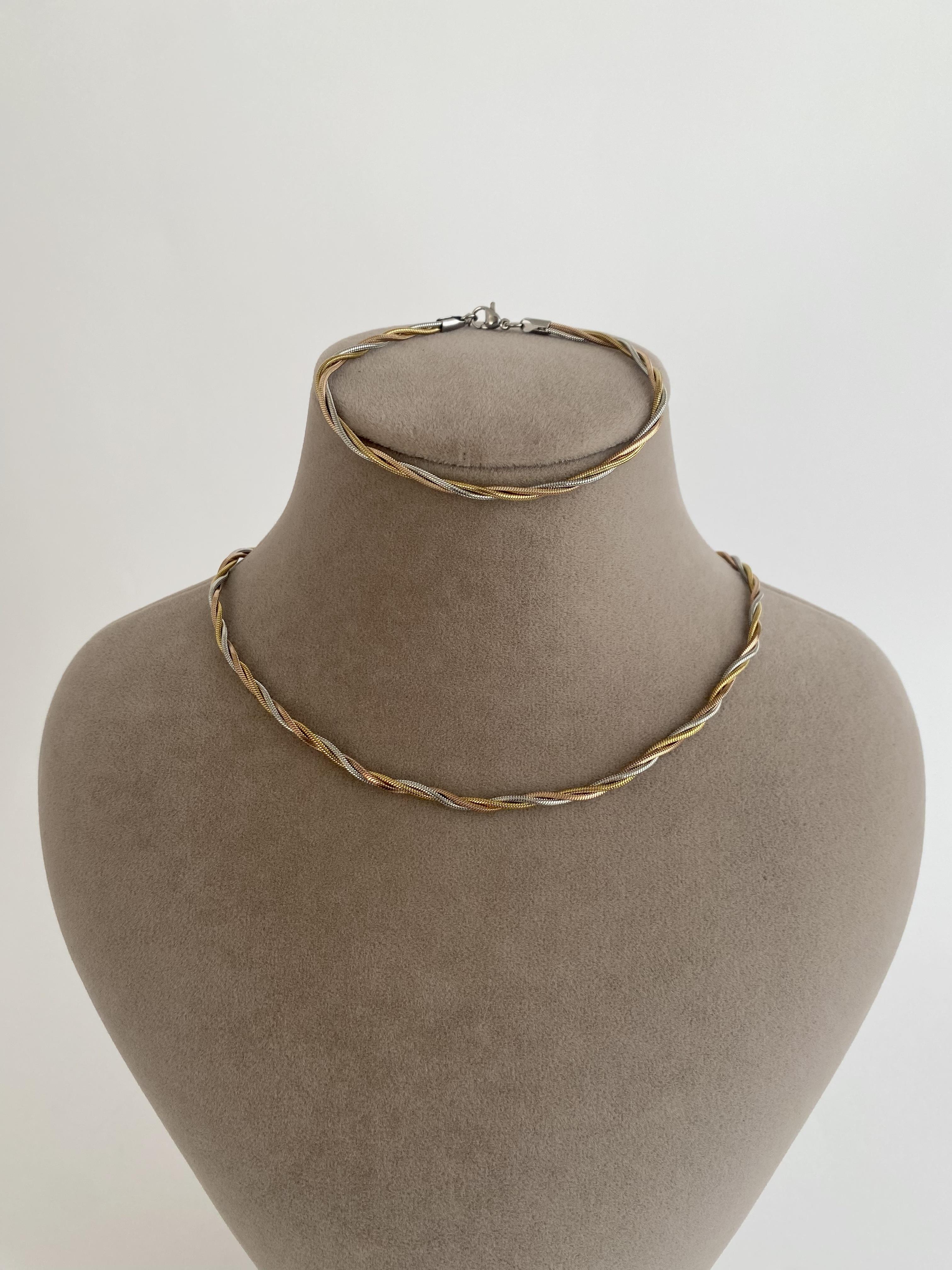 Üç Renkli İnce Örme Çelik Kolye ve Çelik Halhal Seti 