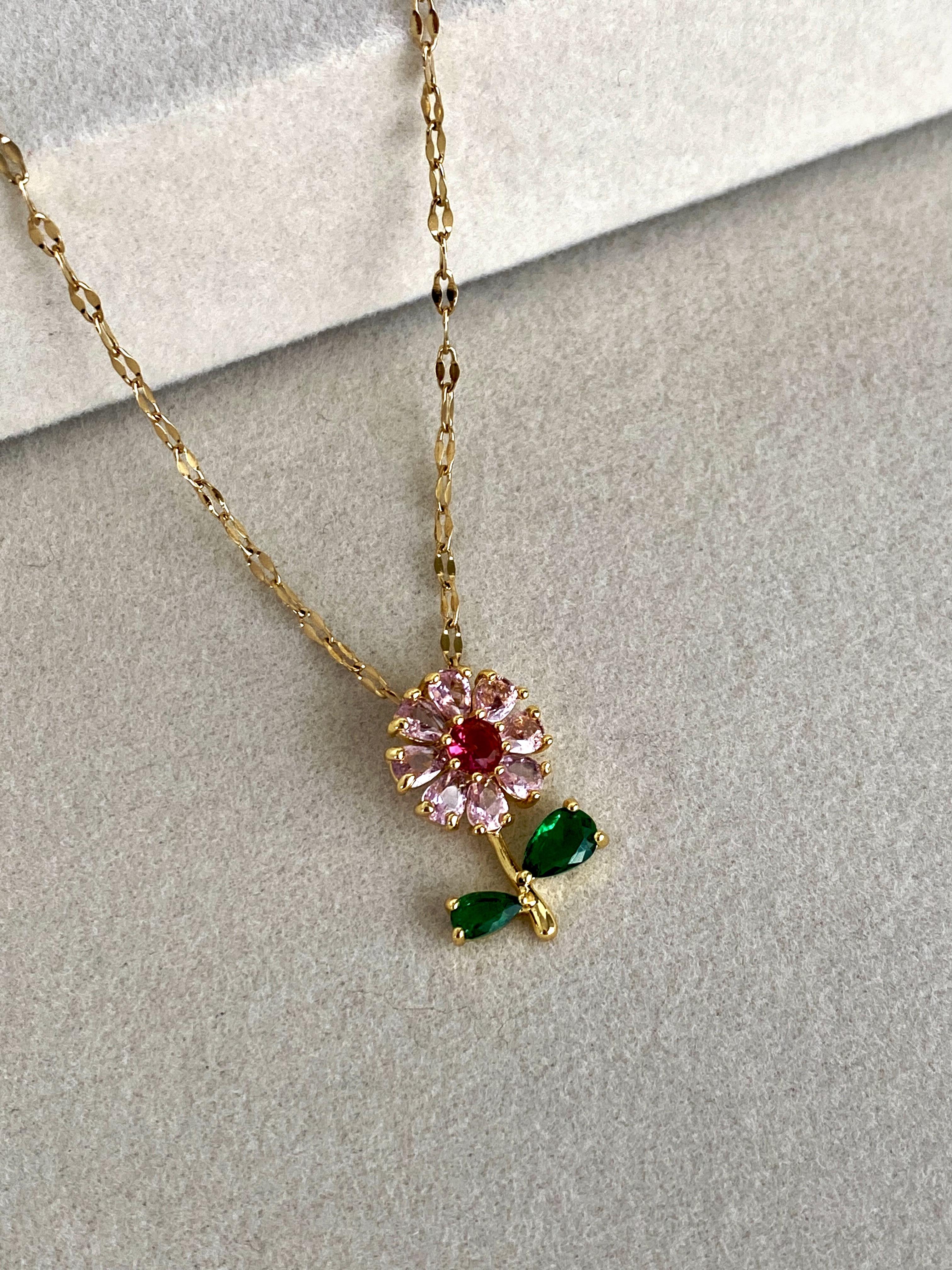 Zirkon Taşlı Papatya Çelik Kolye - Pembe Taşlı