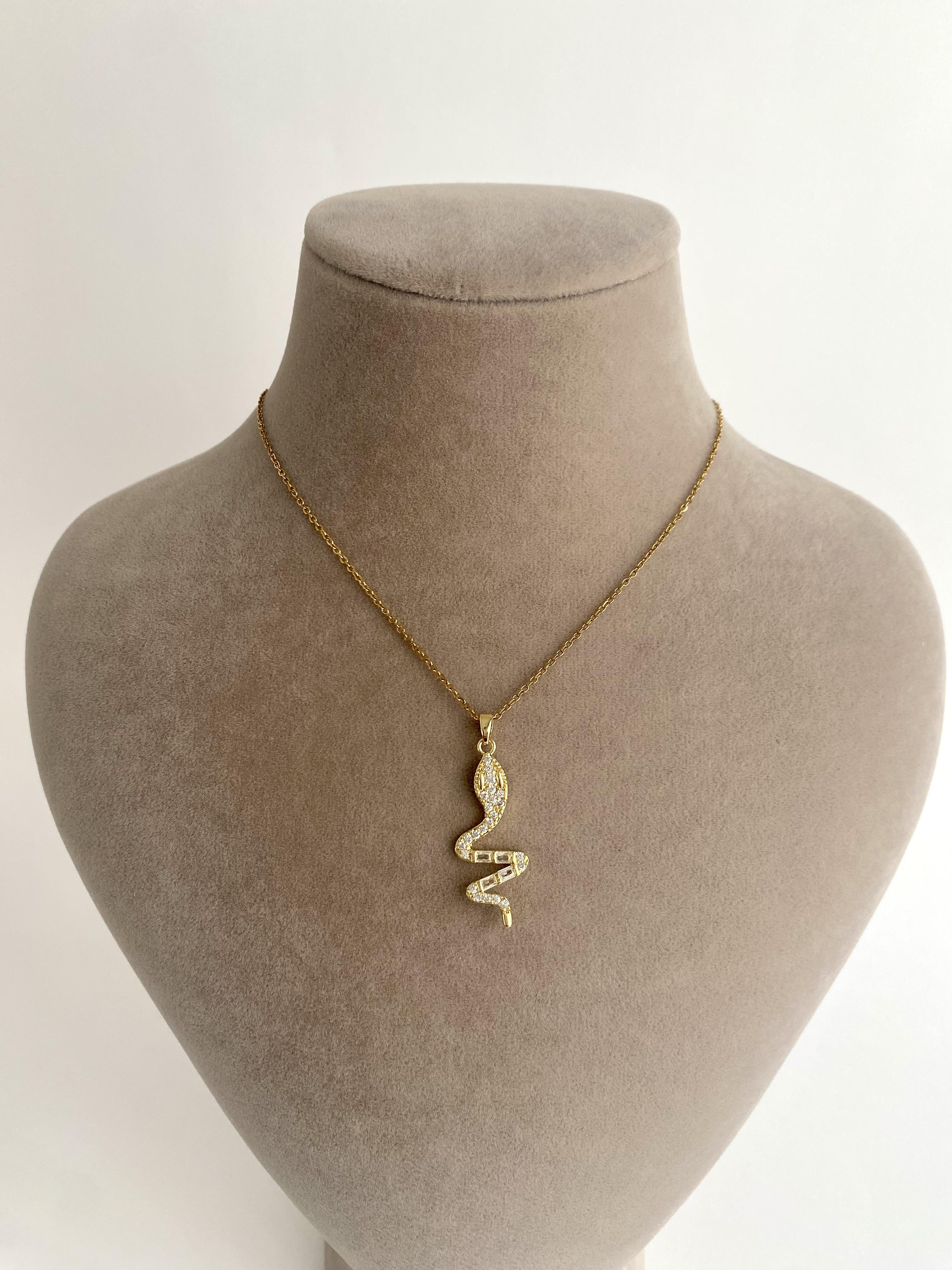 Zirkon Taşlı Yılan Çelik Kolye - Gold