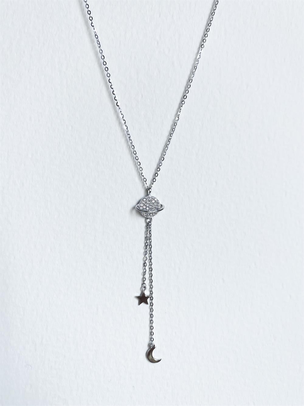 Dünya Ay Yıldız Sallantılı 925 Ayar Gümüş Kolye - Beyaz Altın Kaplama
