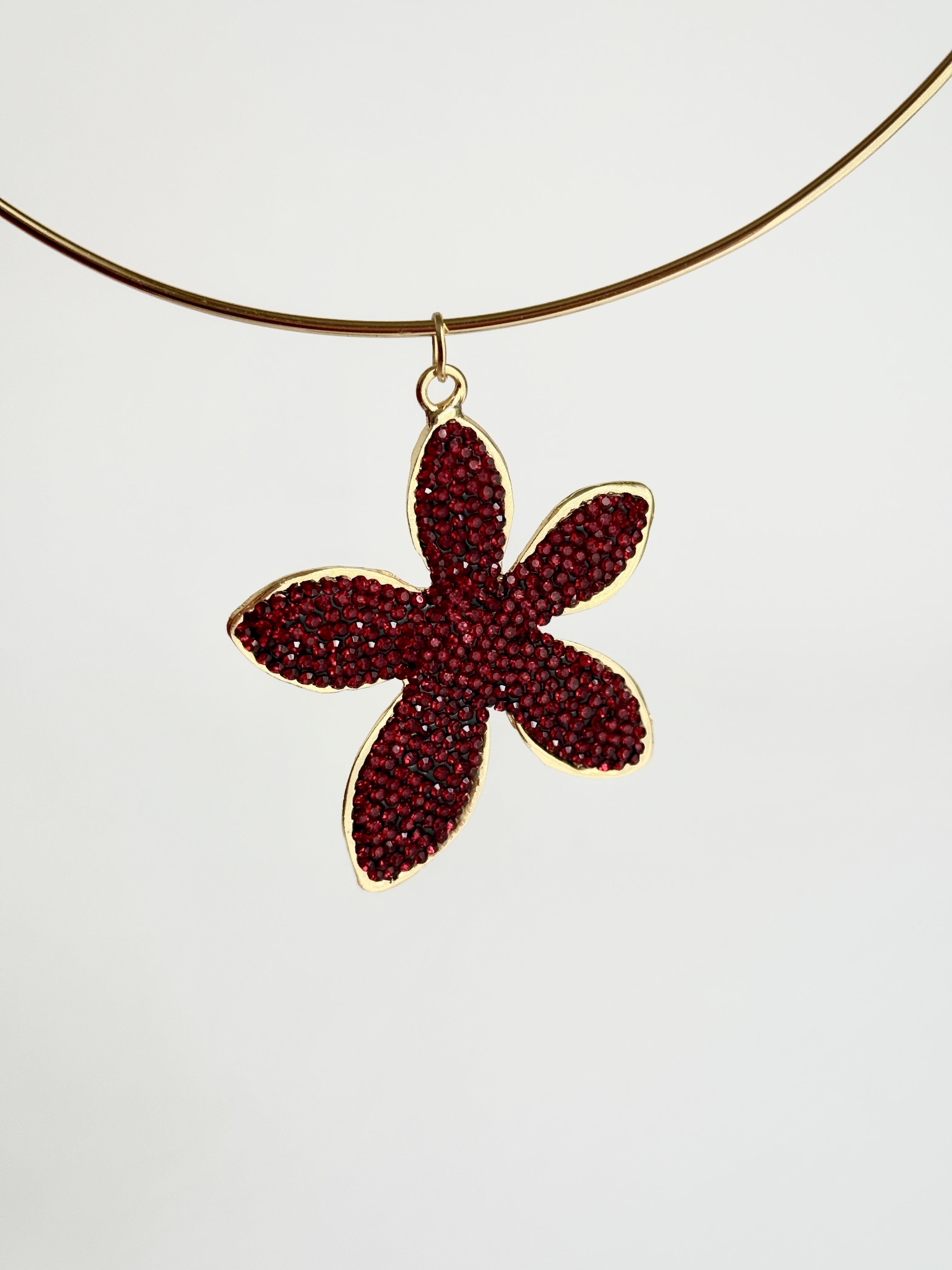 Markazit Taşlı Çiçek Halka Kolye- Bordo