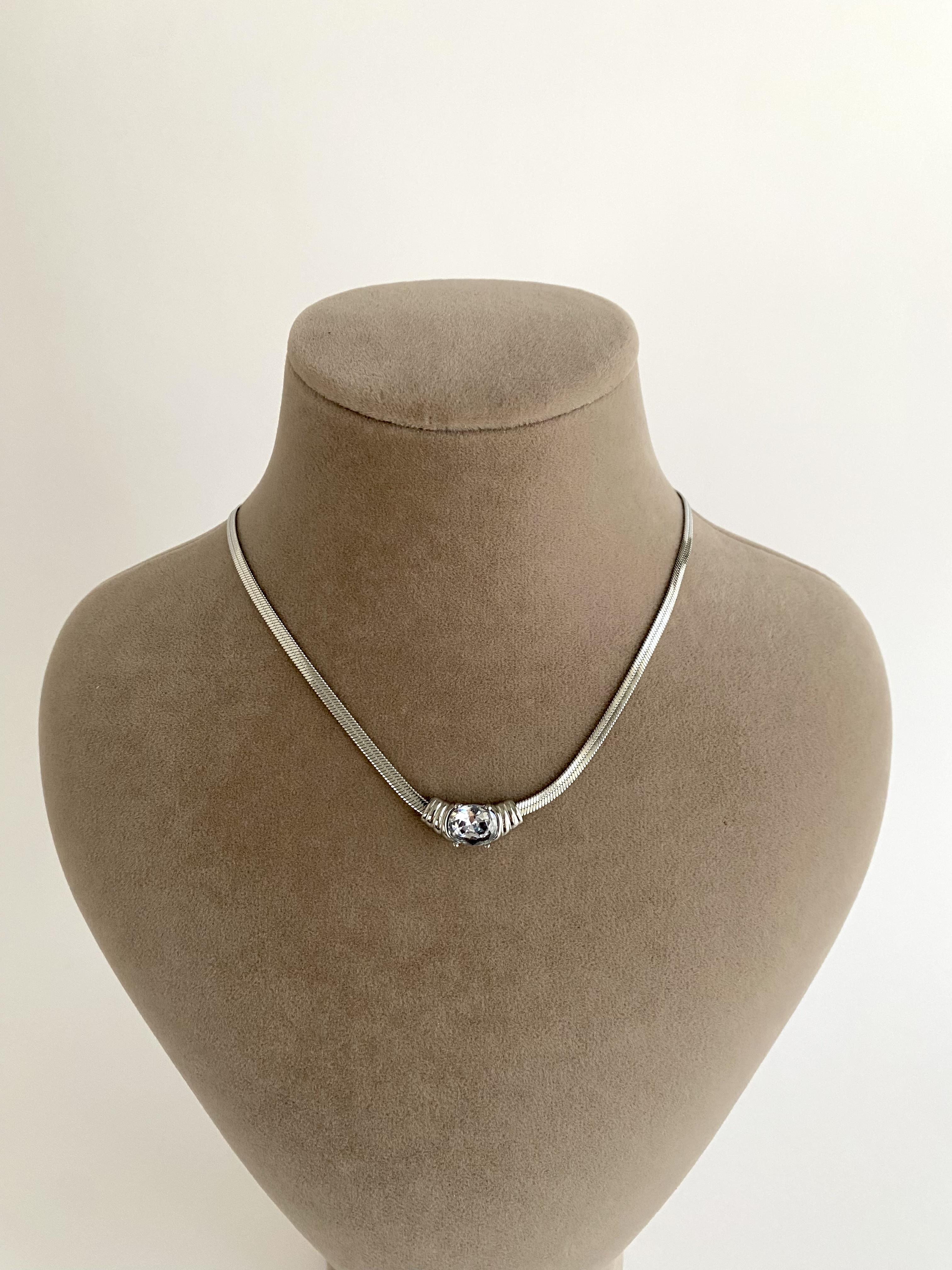 Oval Taşlı İtalyan Ezme Çelik Kolye  - Silver