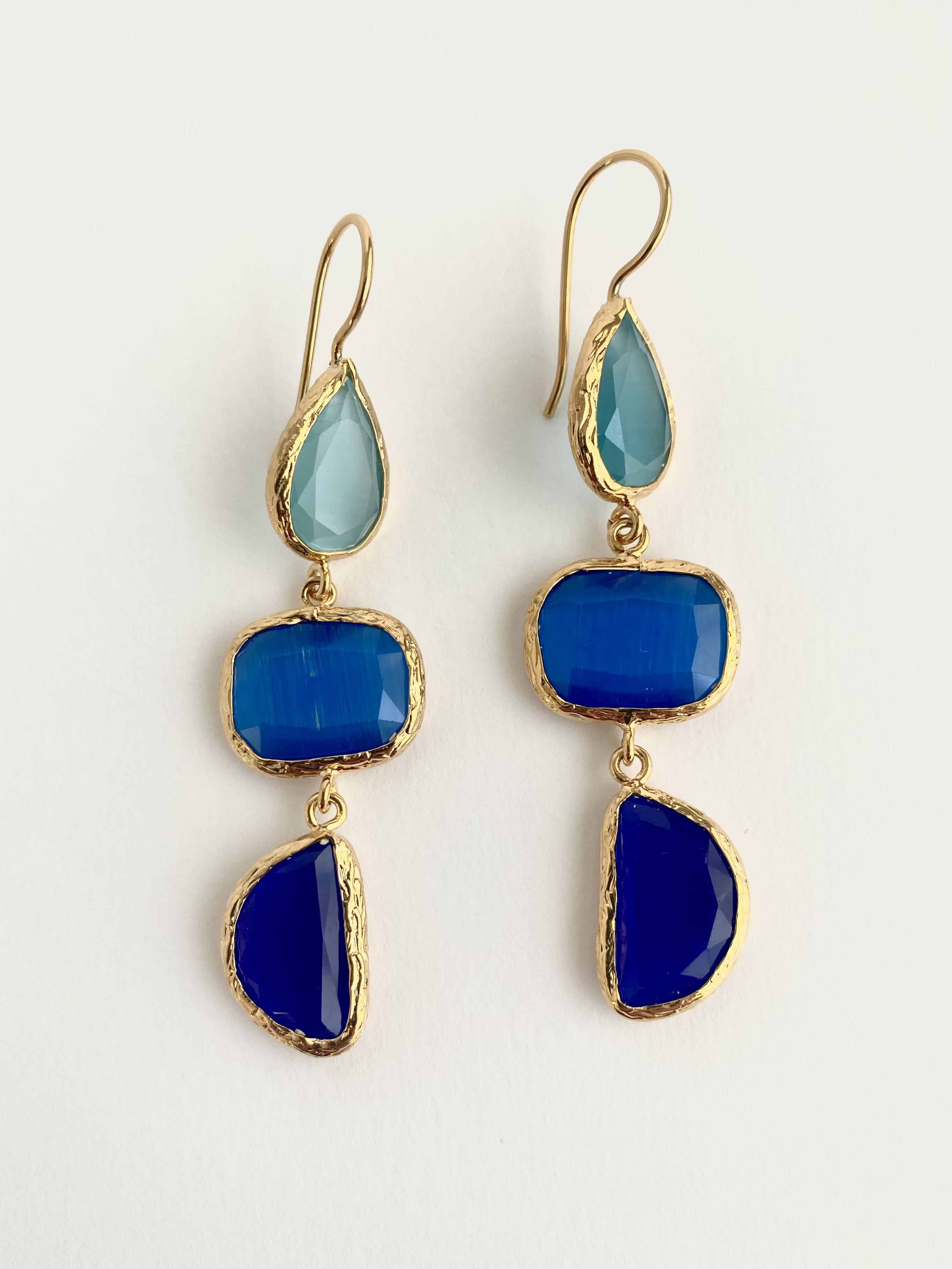 Özel Tasarım Kedi Gözü Damla Taşlı Sallantılı Küpe - Mavi Tonları