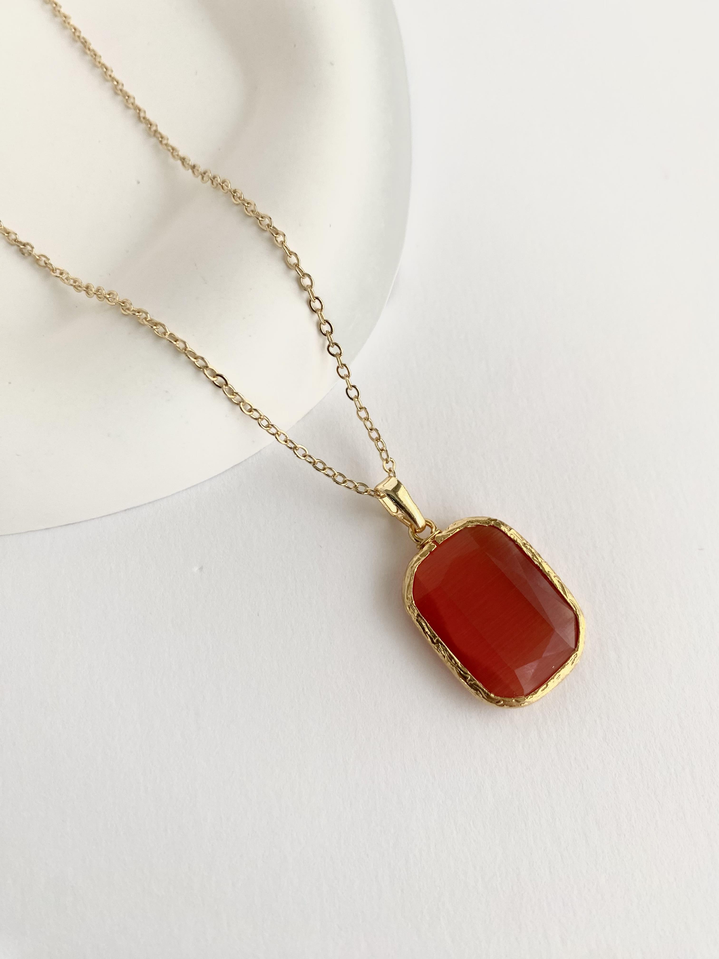 Özel Tasarım Kedi Gözü Taşlı Dikdörtgen Uçlu Kolye - Turuncu