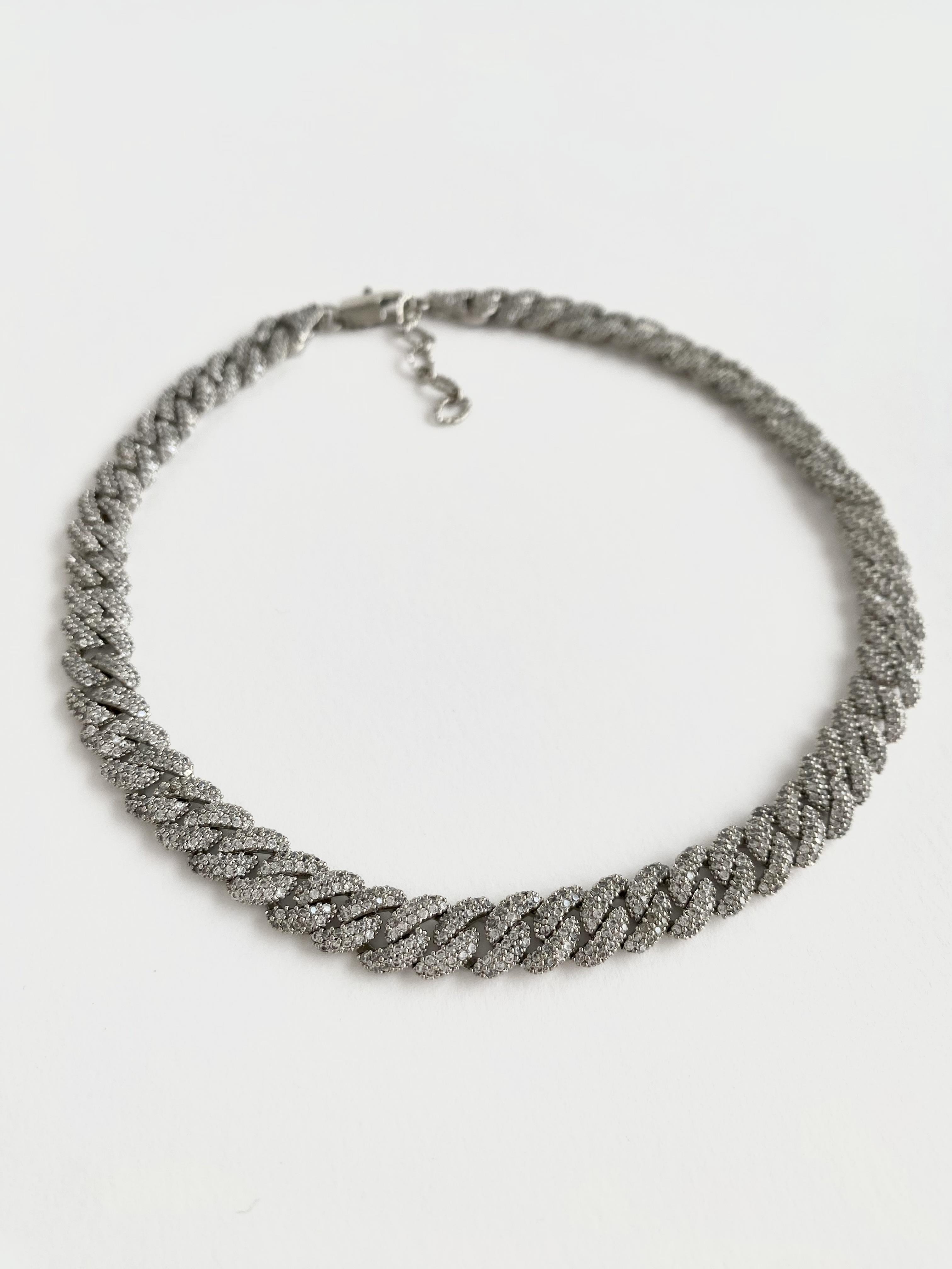 Özel Tasarım Zirkon Taşlı Choker Zincir Kolye - Silver