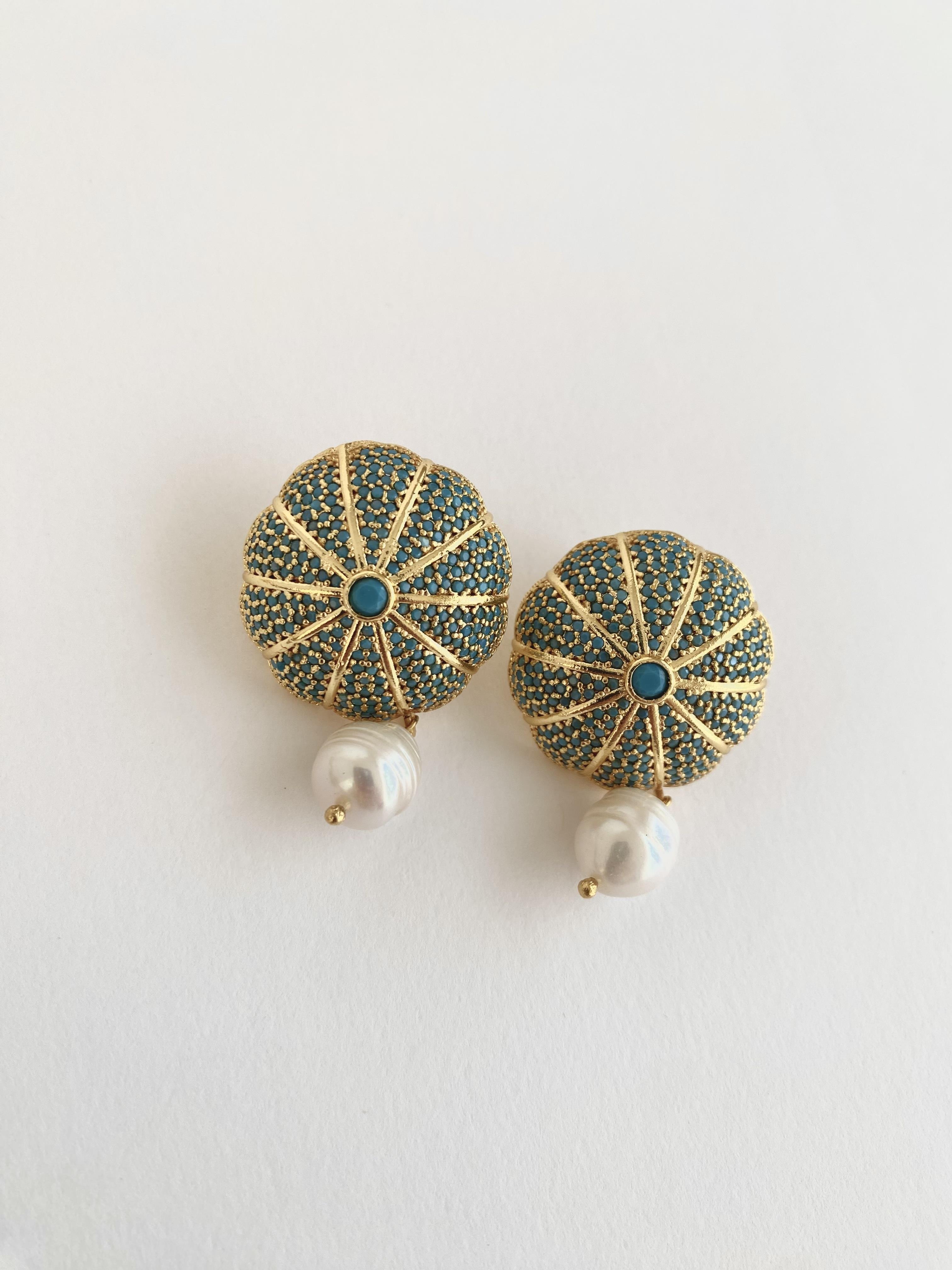 Özel Tasarım Zirkon Taşlı İncili Deniz Kestanesi Küpe - Turkuaz