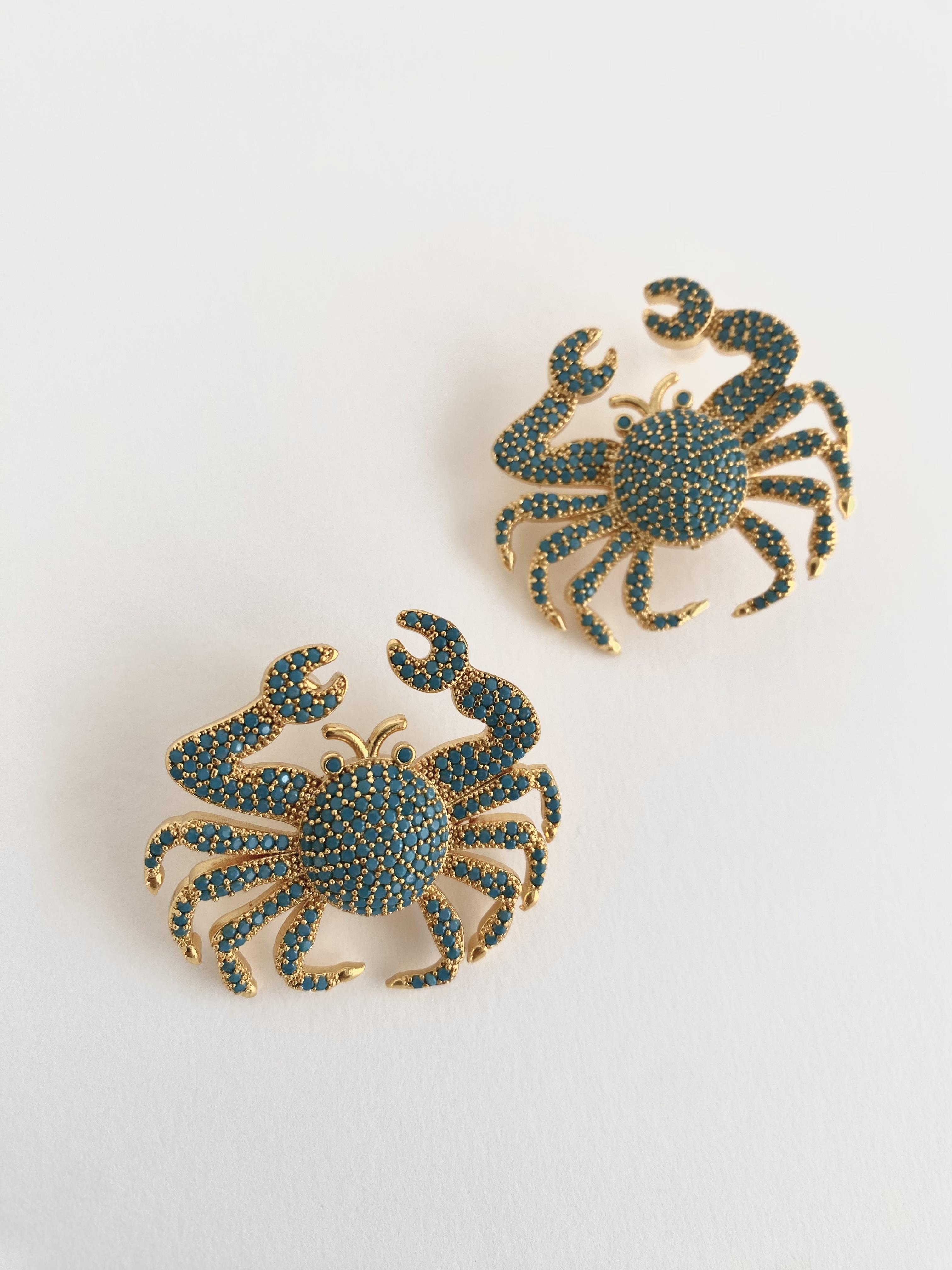 Özel Tasarım Zirkon Taşlı Yengeç Küpe - Turkuaz