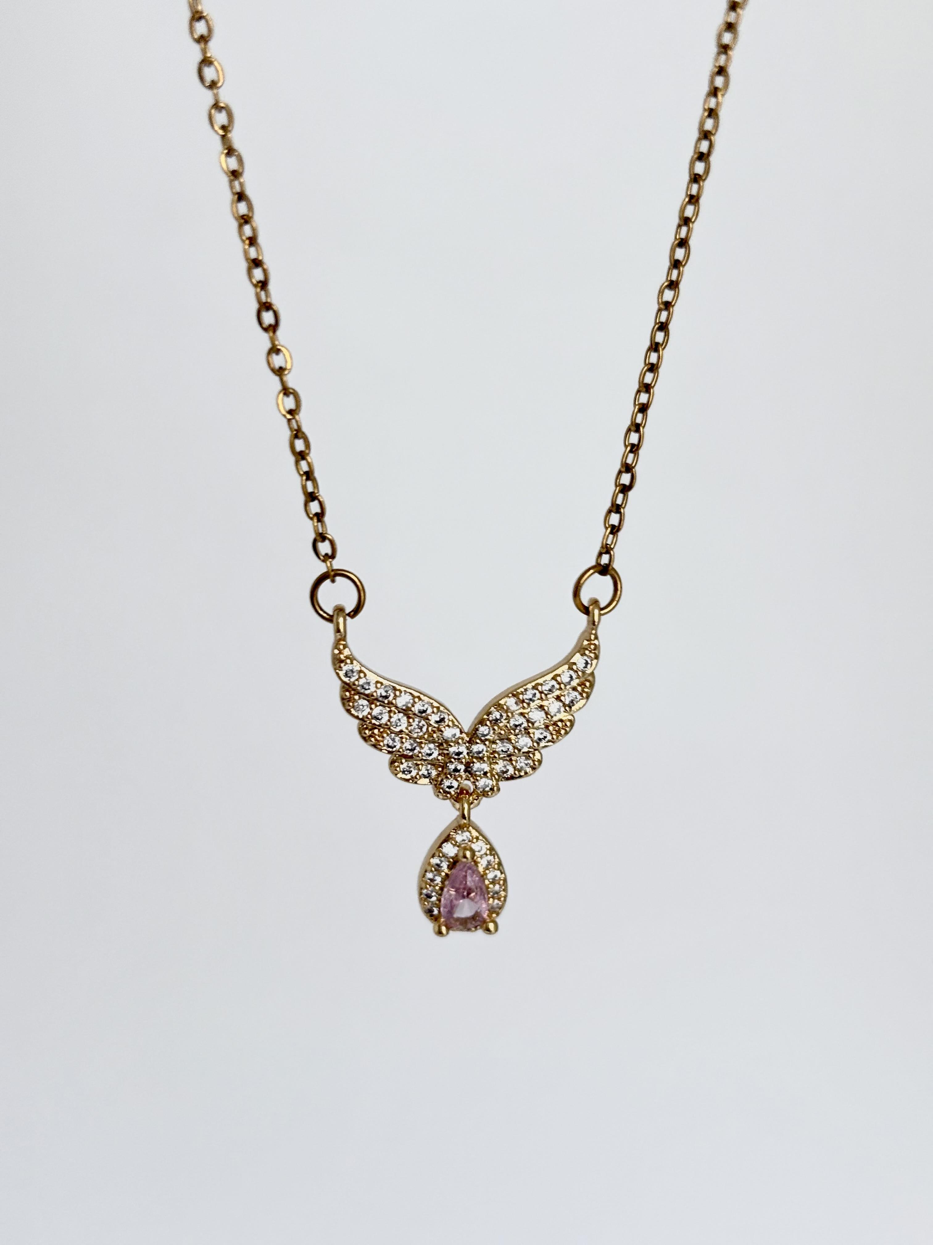 Pembe Taşlı Melek Kanadı Çelik Kolye