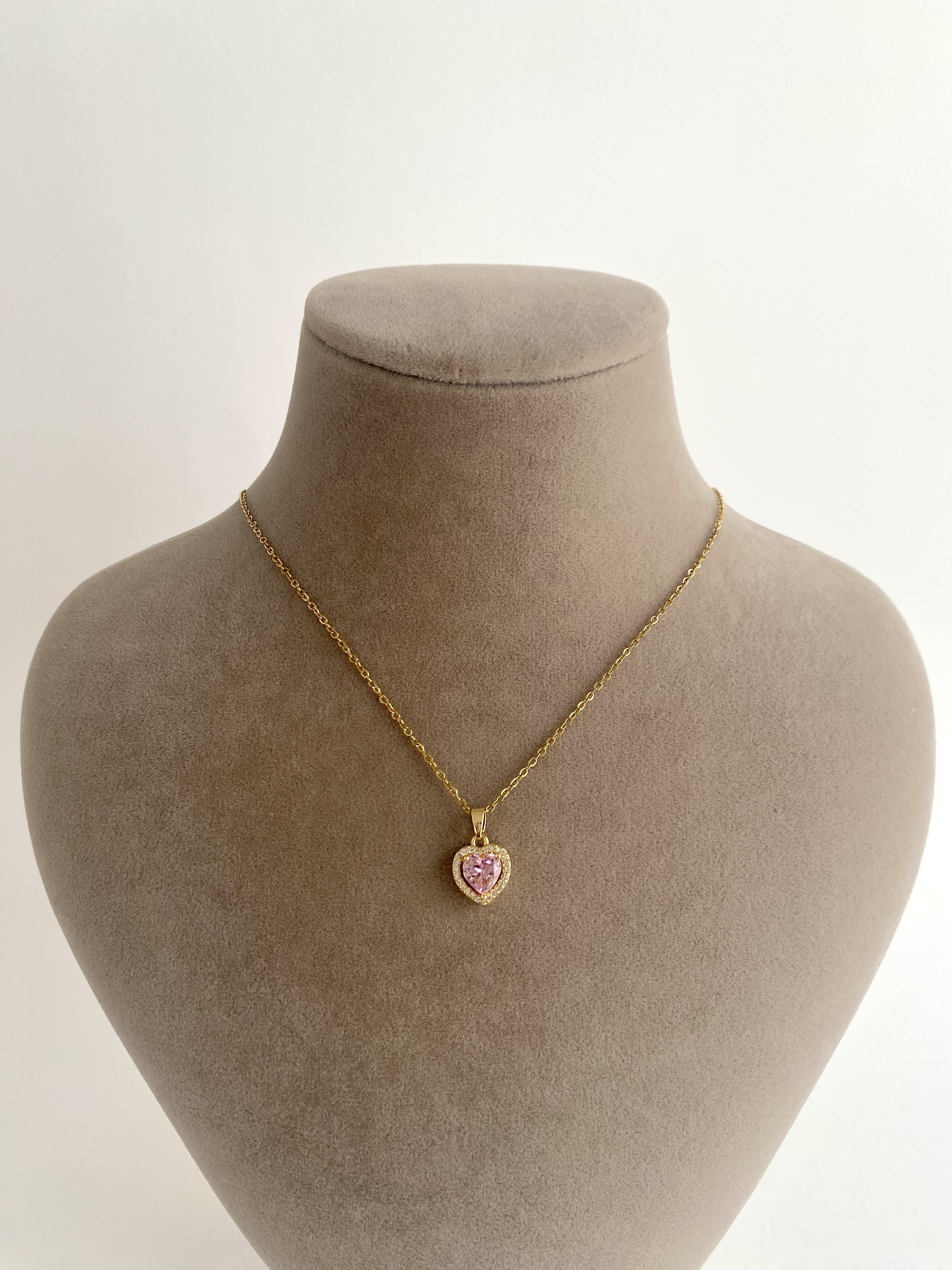 Pembe Zirkon Taşlı Kalp Çelik Kolye - Gold