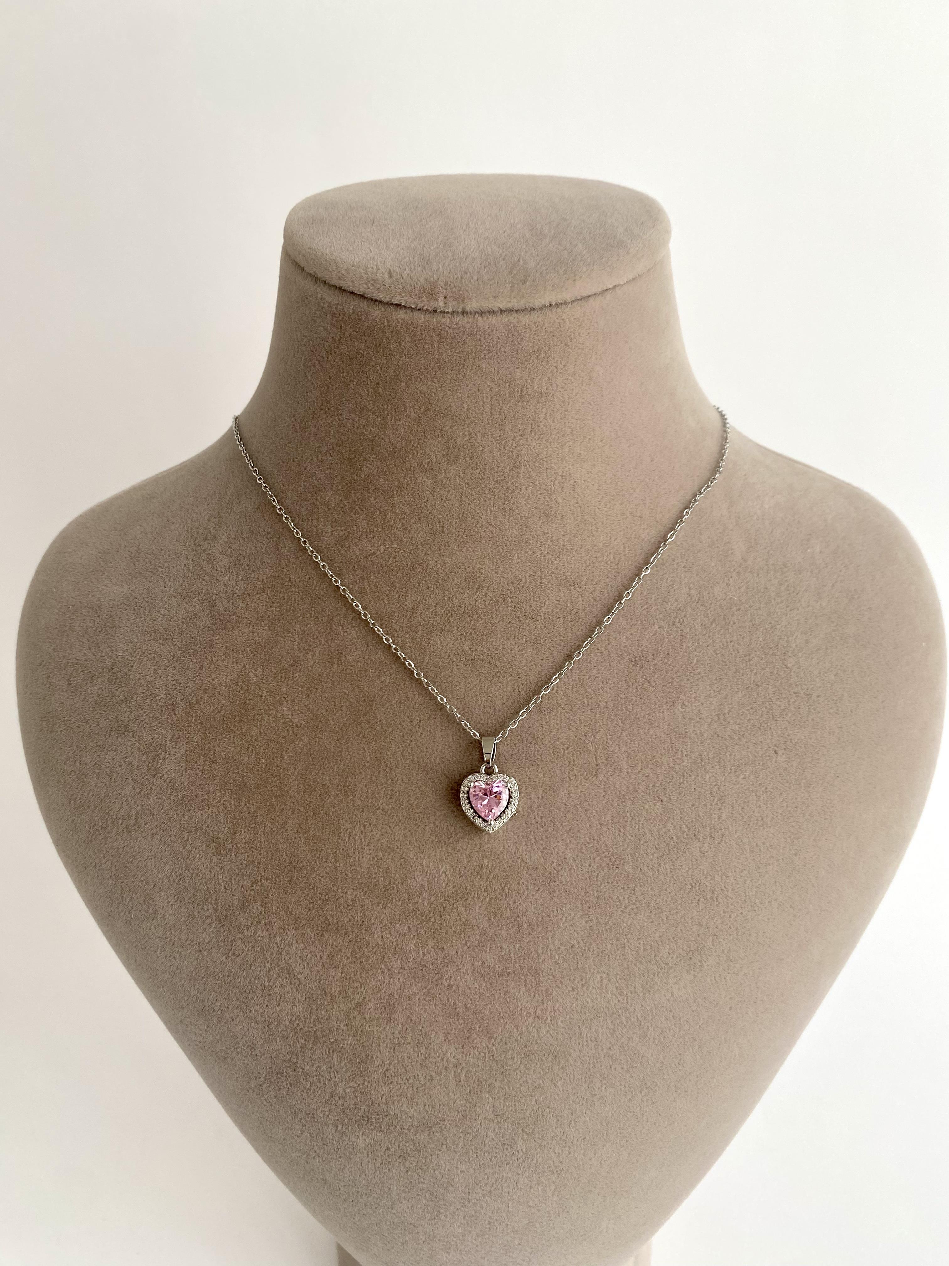 Pembe Zirkon Taşlı Kalp Çelik Kolye - Silver