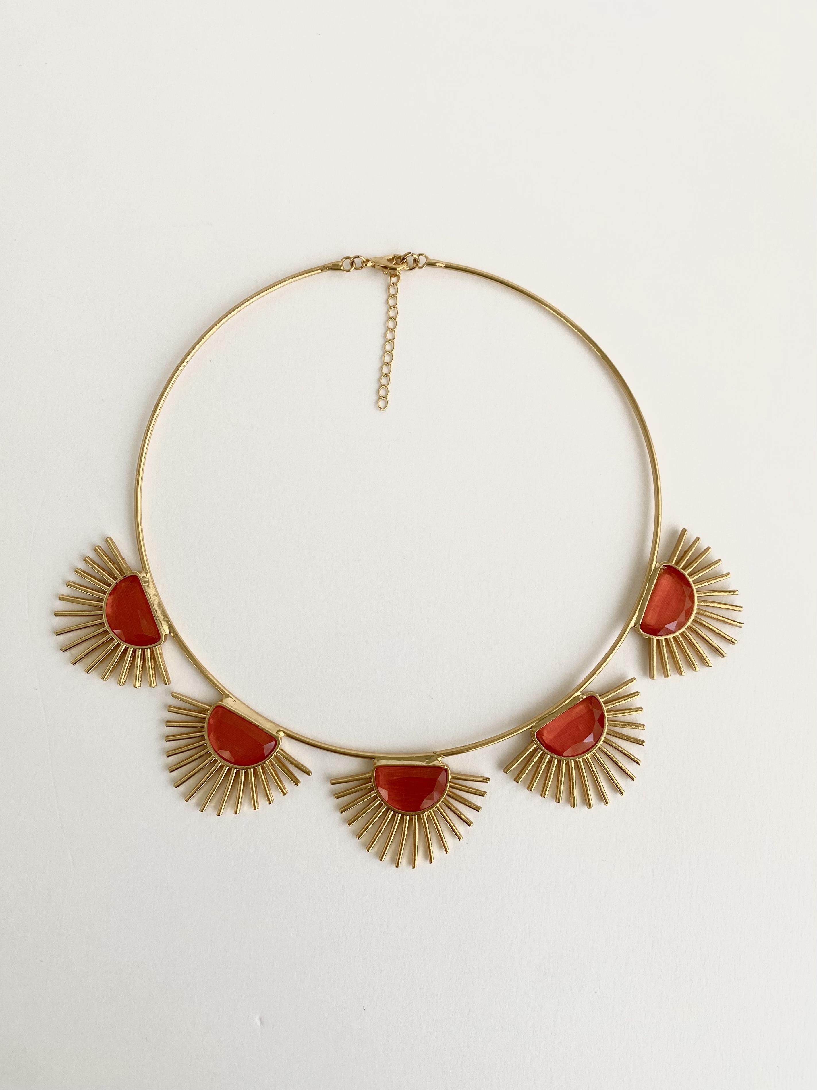 Tasarım Kedi Gözü Taşlı Golden Hour Choker Kolye - Turuncu
