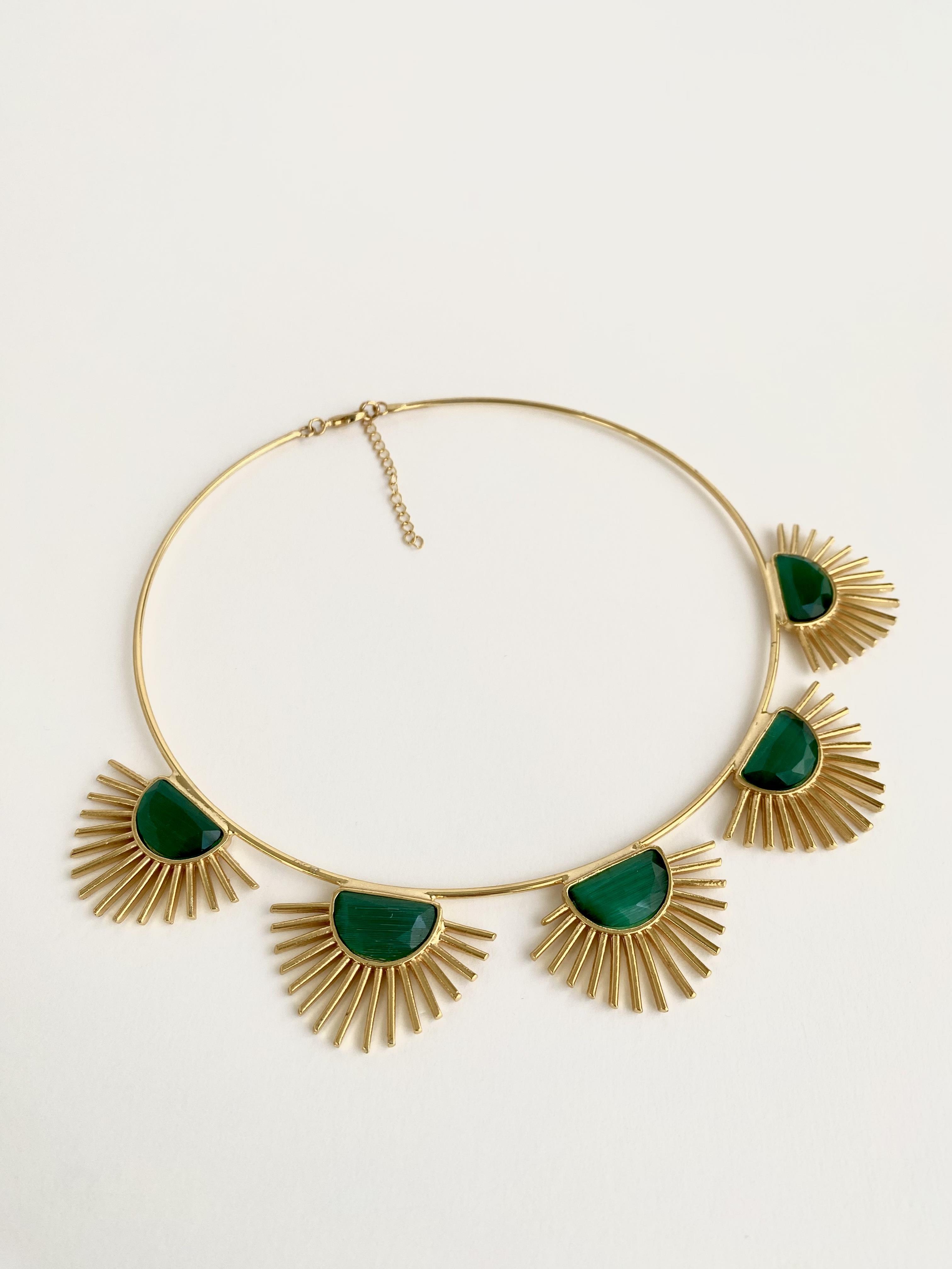 Tasarım Kedi Gözü Taşlı Golden Hour Choker Kolye - Yeşil
