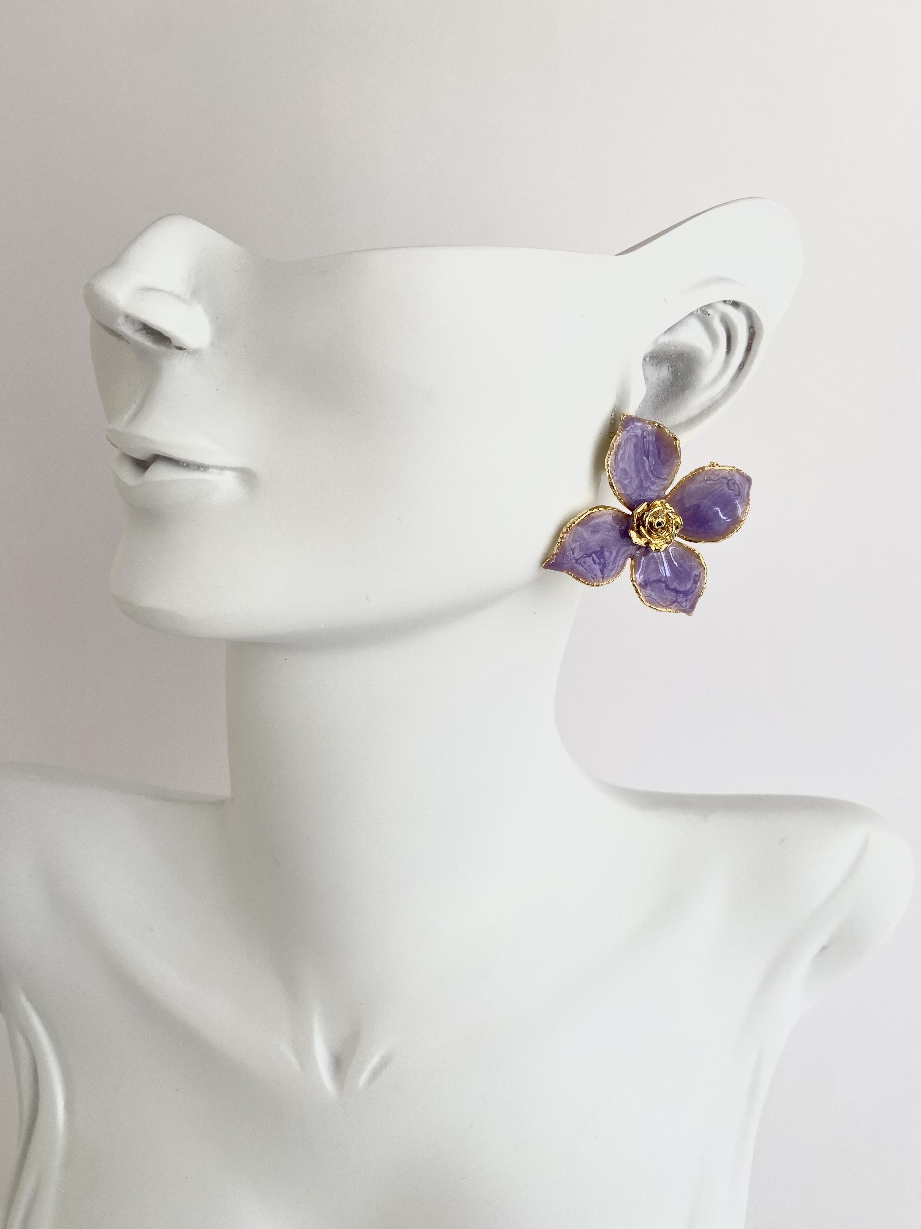 Tasarım Mineli Çiçek Küpe - Lila