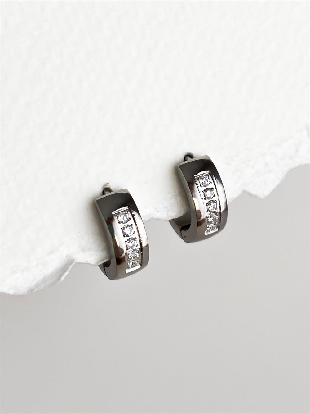 Taşlı Mini Halka Çelik Küpe - Silver