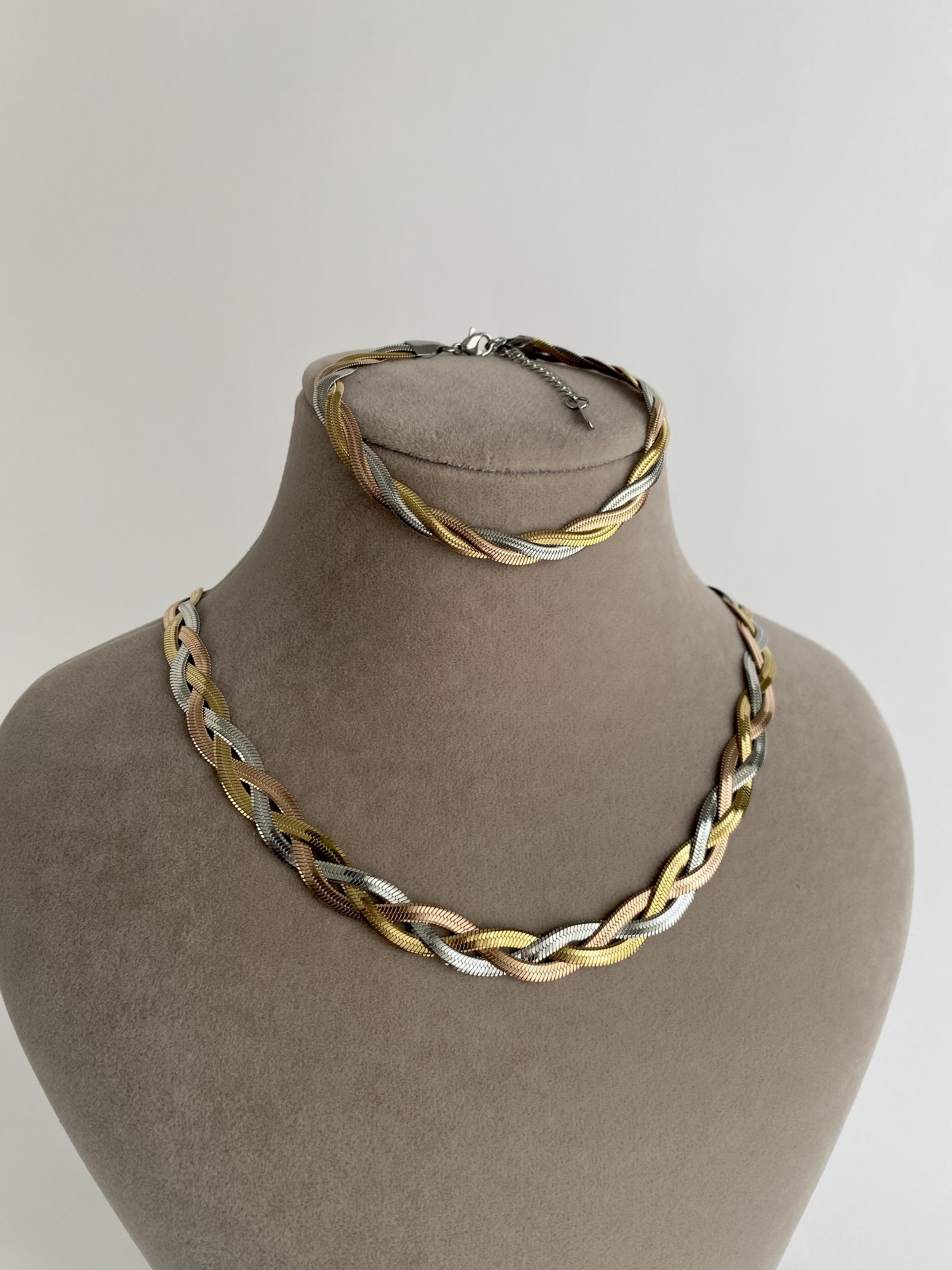 Üç Renkli kalın Yassı Örme Çelik Kolye ve Çelik Halhal Seti 