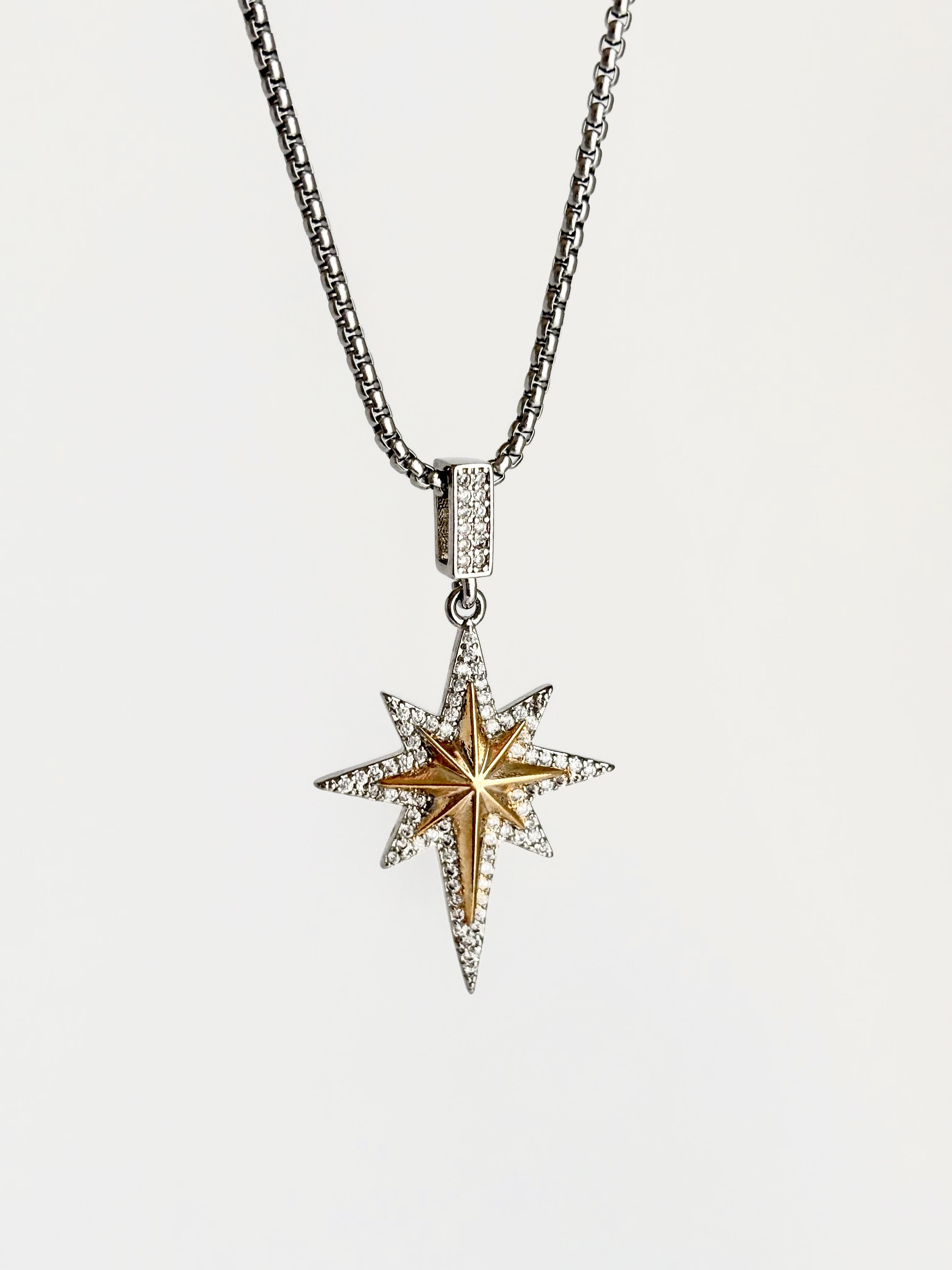 Zirkon Taşlı Büyük Kuzey Yıldızı Çelik Kolye-Silver-Gold