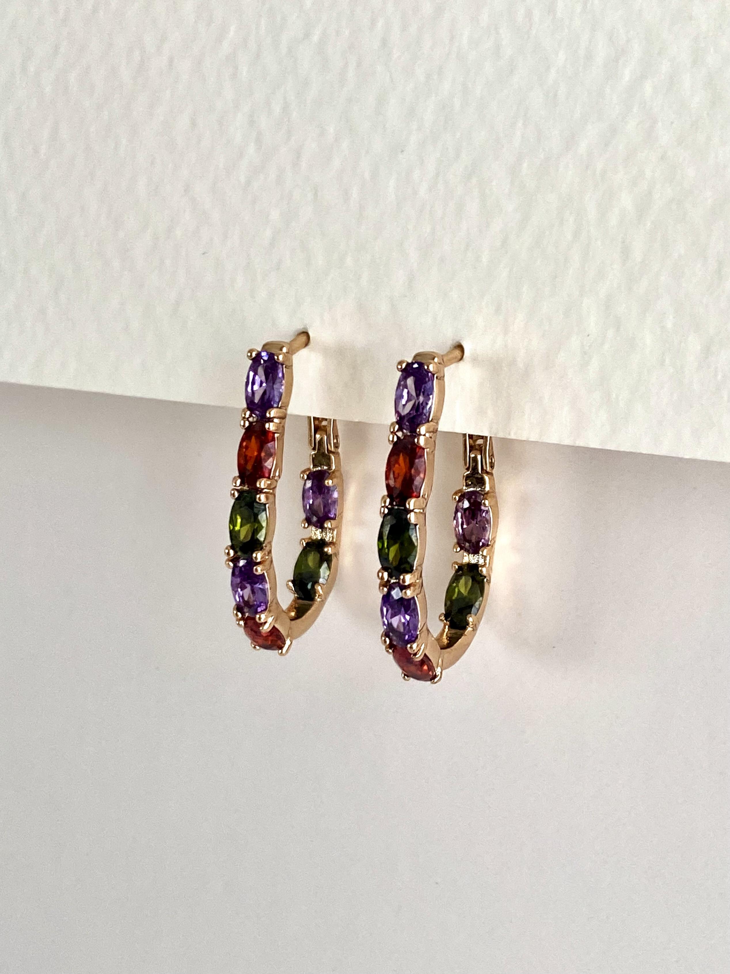 Zirkon Taşlı Çok Renkli Oval Küpe - Koyu Çok Renkli