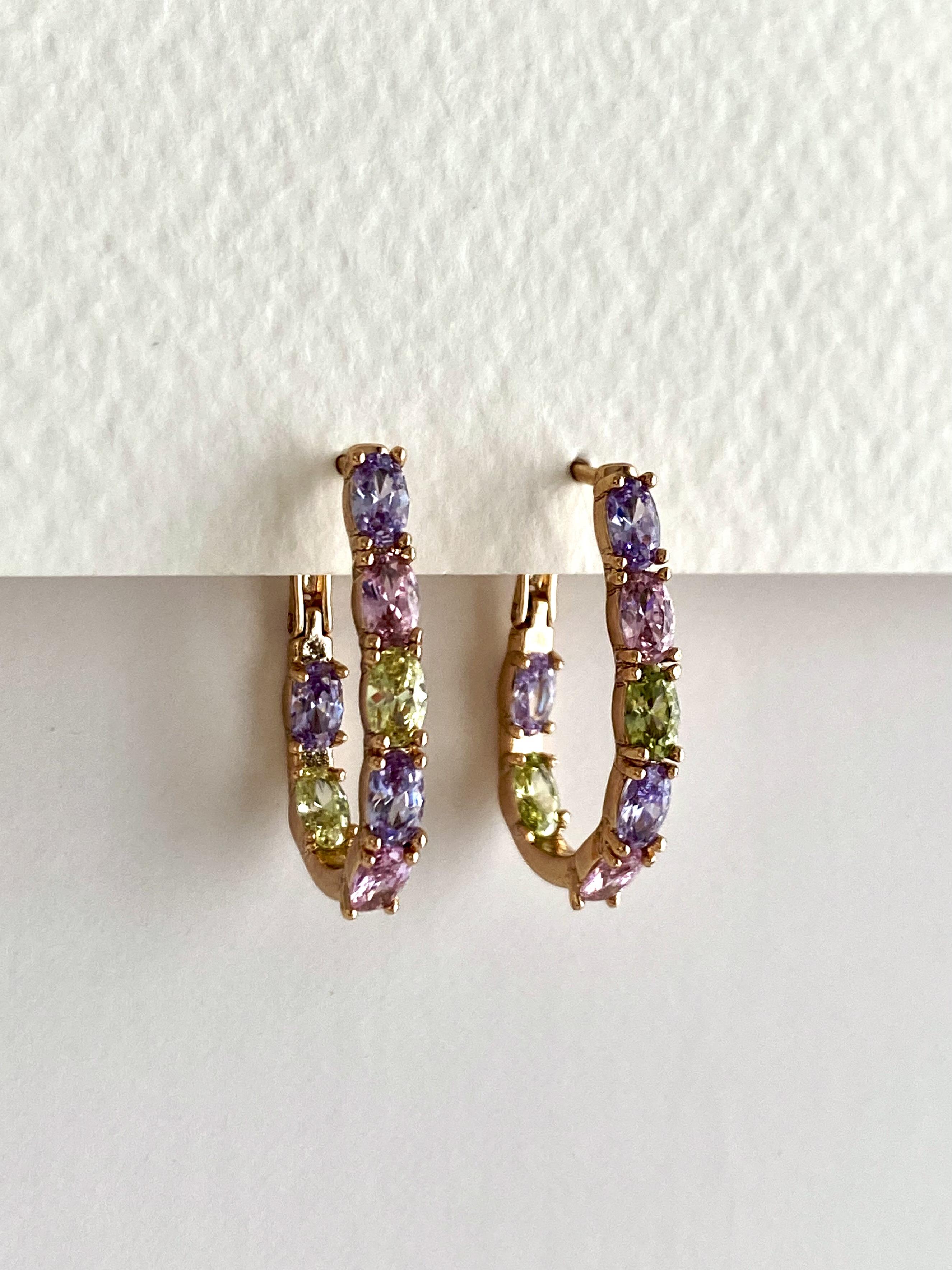 Zirkon Taşlı Çok Renkli Oval Küpe - Pastel Çok Renkli