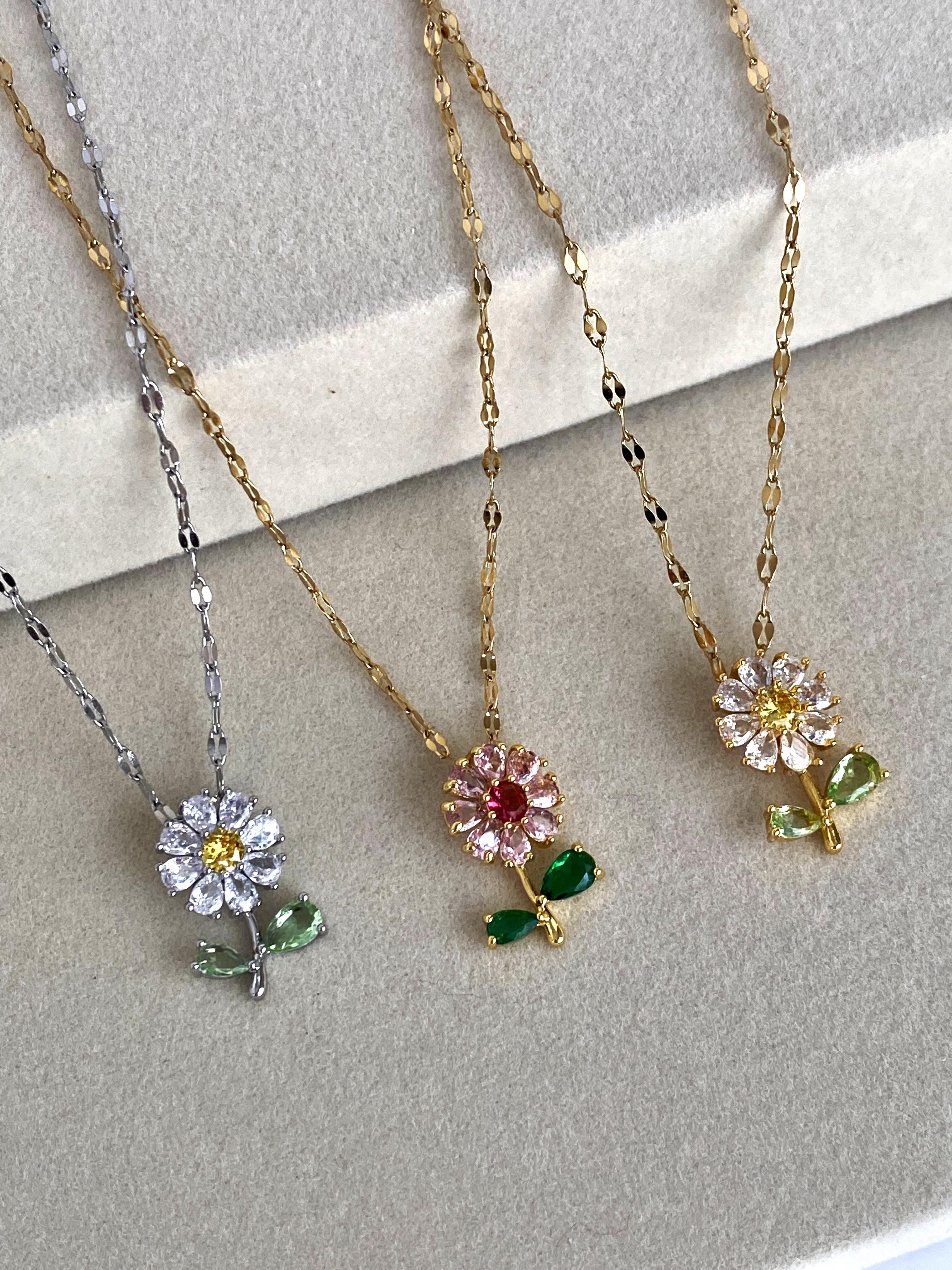 Zirkon Taşlı Papatya Çelik Kolye - Silver