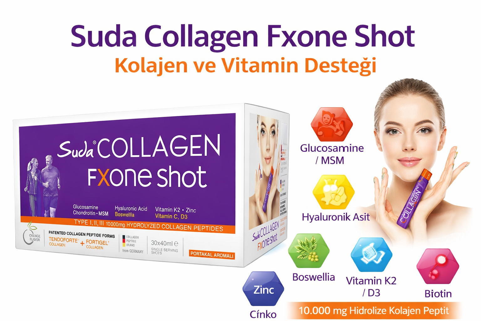 Suda Collagen Fxone Portakal Aromalı Shot 40 ml x 30 Gün: Vitamin Desteği Arayanlar İçin Güçlü Bir Kolajen Formülü
