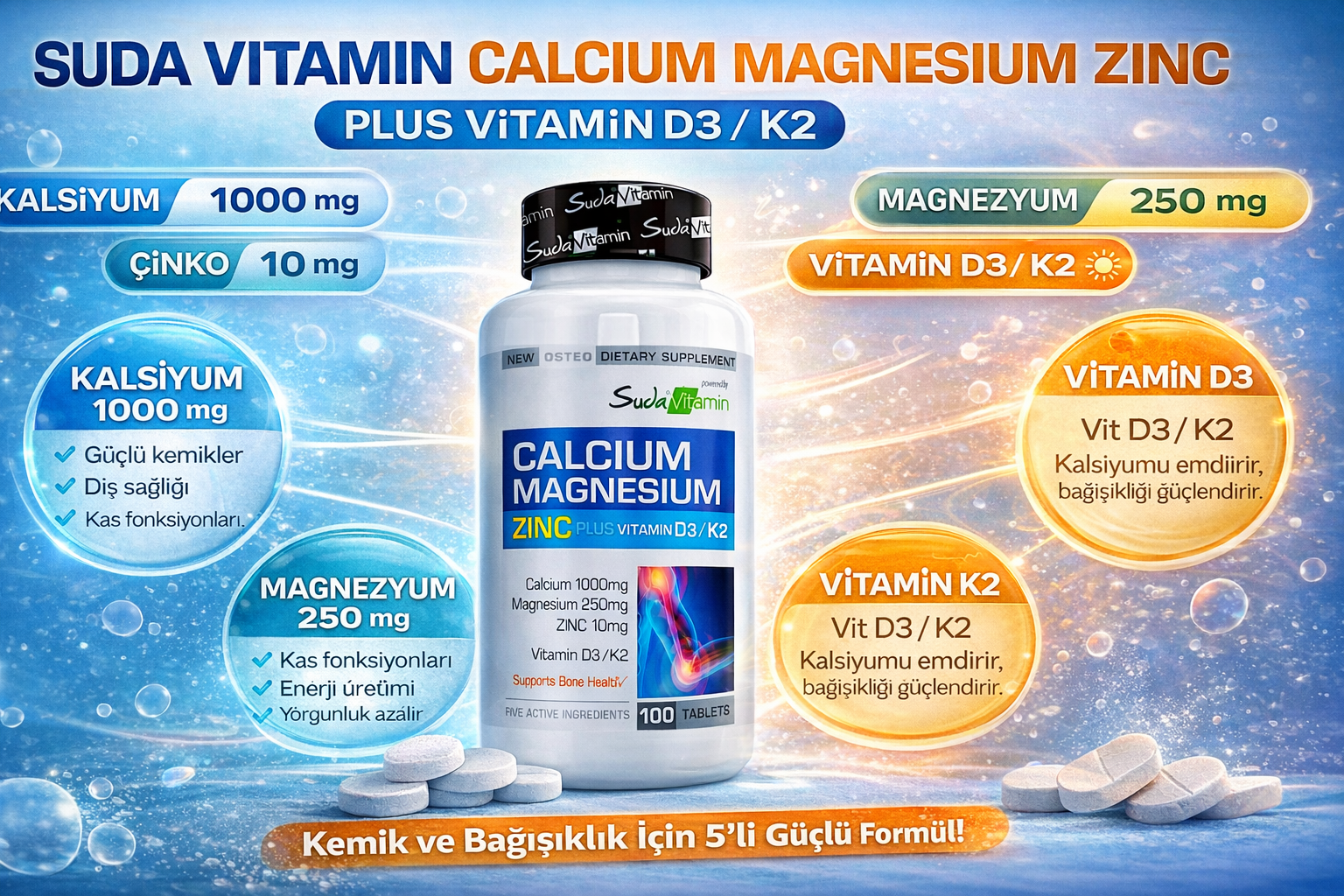 Suda Vitamin Calcium Magnesium Zinc Plus Vit D3 K2 100 Tablet Nedir? Kemik ve Bağışıklık İçin Güçlü Vitamin Desteği