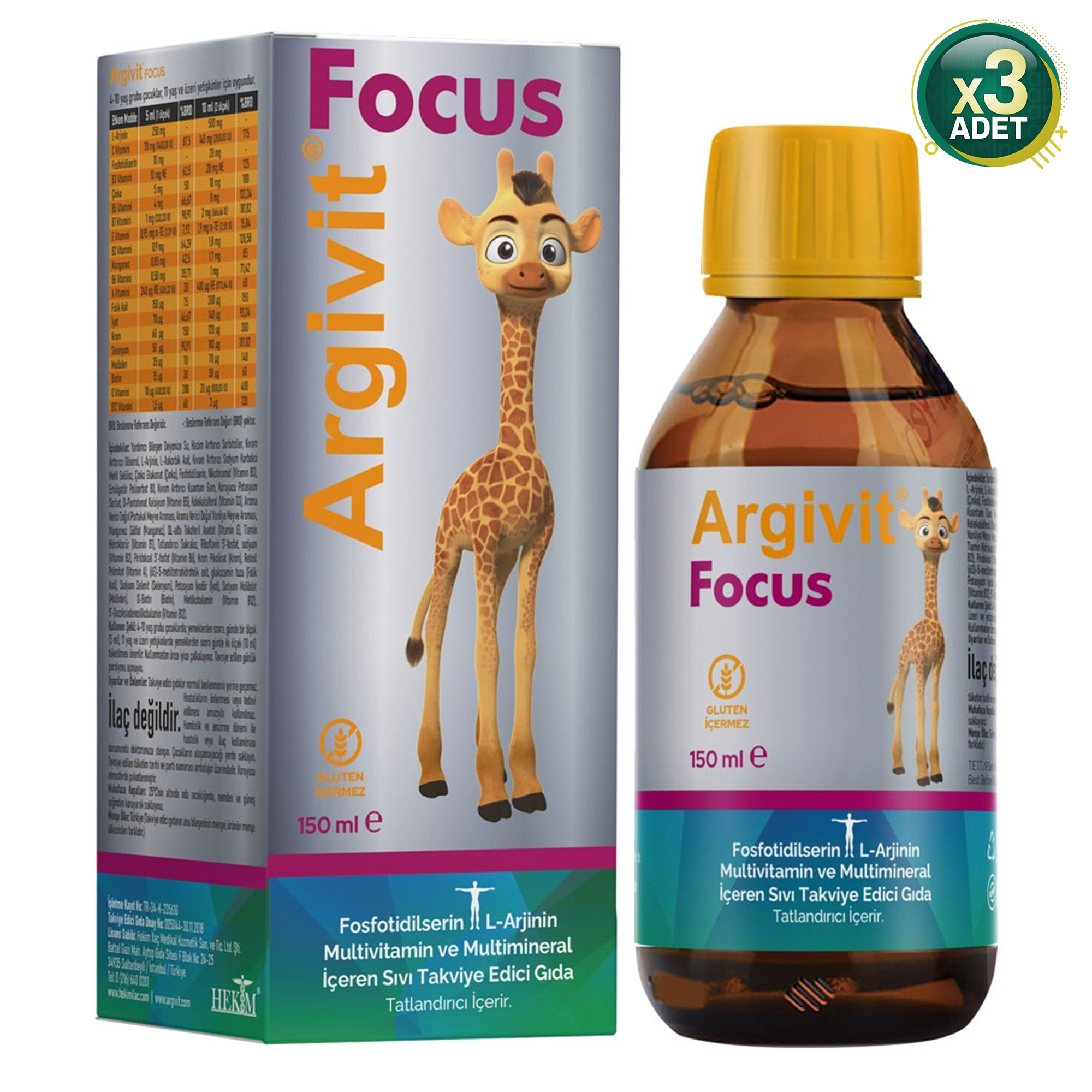 Argivit Focus 150 ml (3 Adet) Takviye Edici Gıda 4-10 Yaş Çocuklar İçin Multivitaminli
