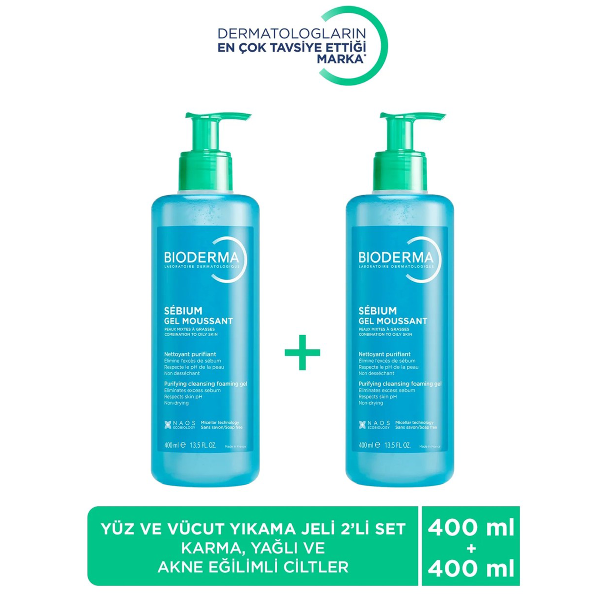 Bioderma Sebium Foaming Gel Karma Yağlı ve Akne Eğilimli Ciltler İçin Yüz Temizleme Jeli 400 ml x 2 adet