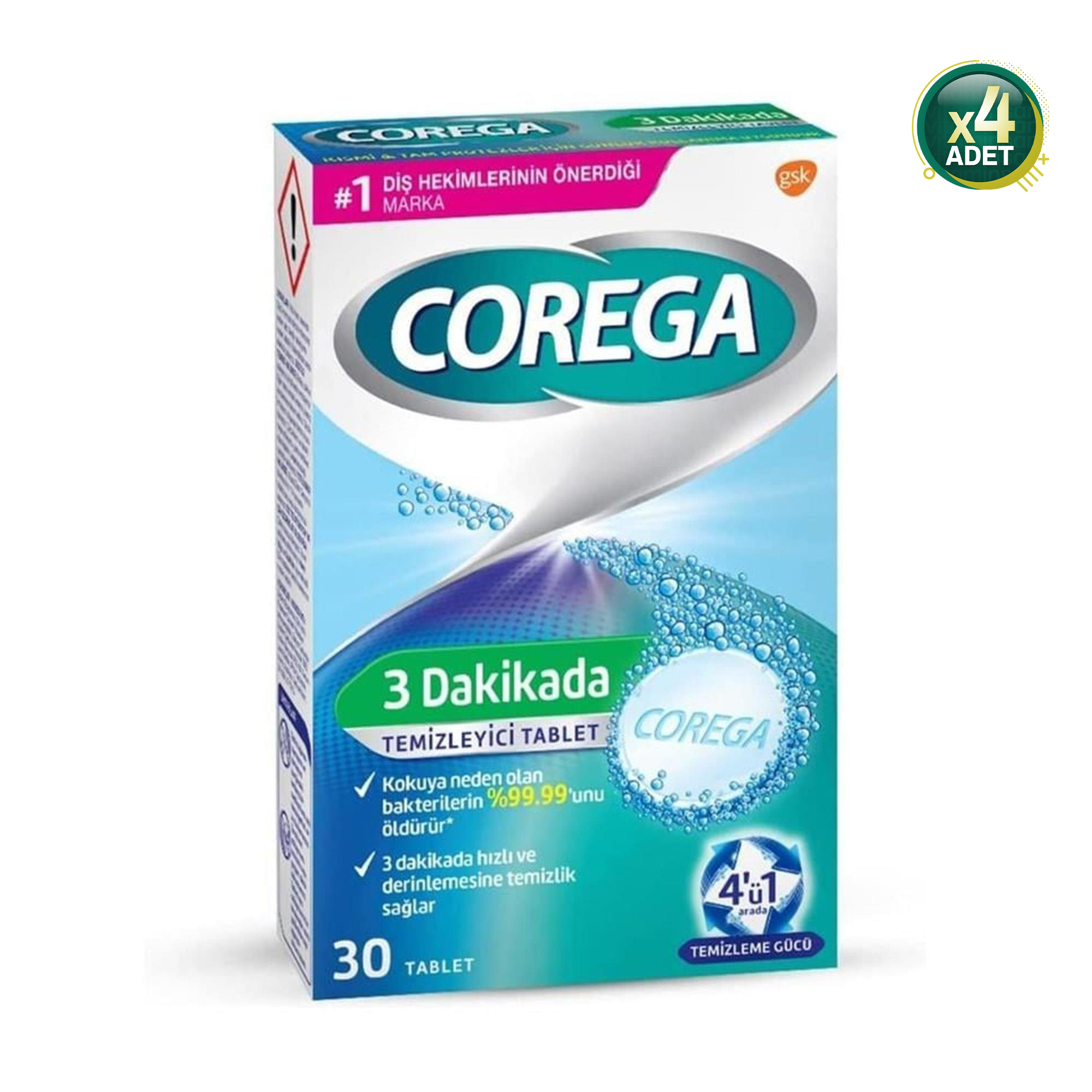 Corega 3 Dakikada 30'lu 4 Adet Protez Temizleme Tableti