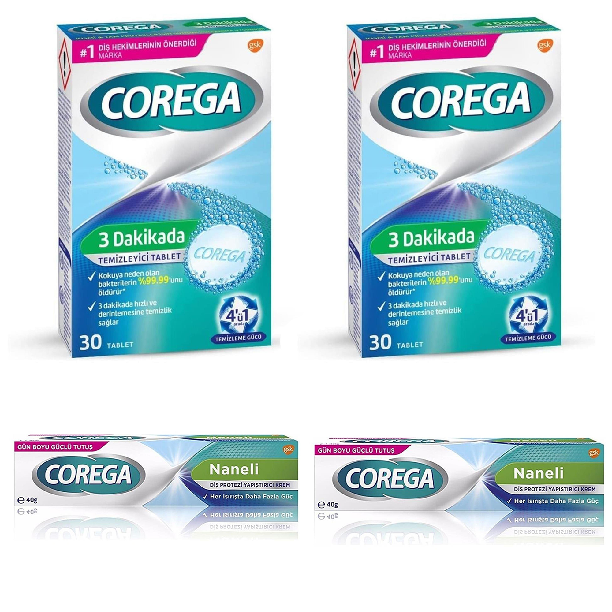 Corega Protez Temizleyici Tablet 30LU X2 + Protez Yapiştirici Ferahlatici 40 gr X2