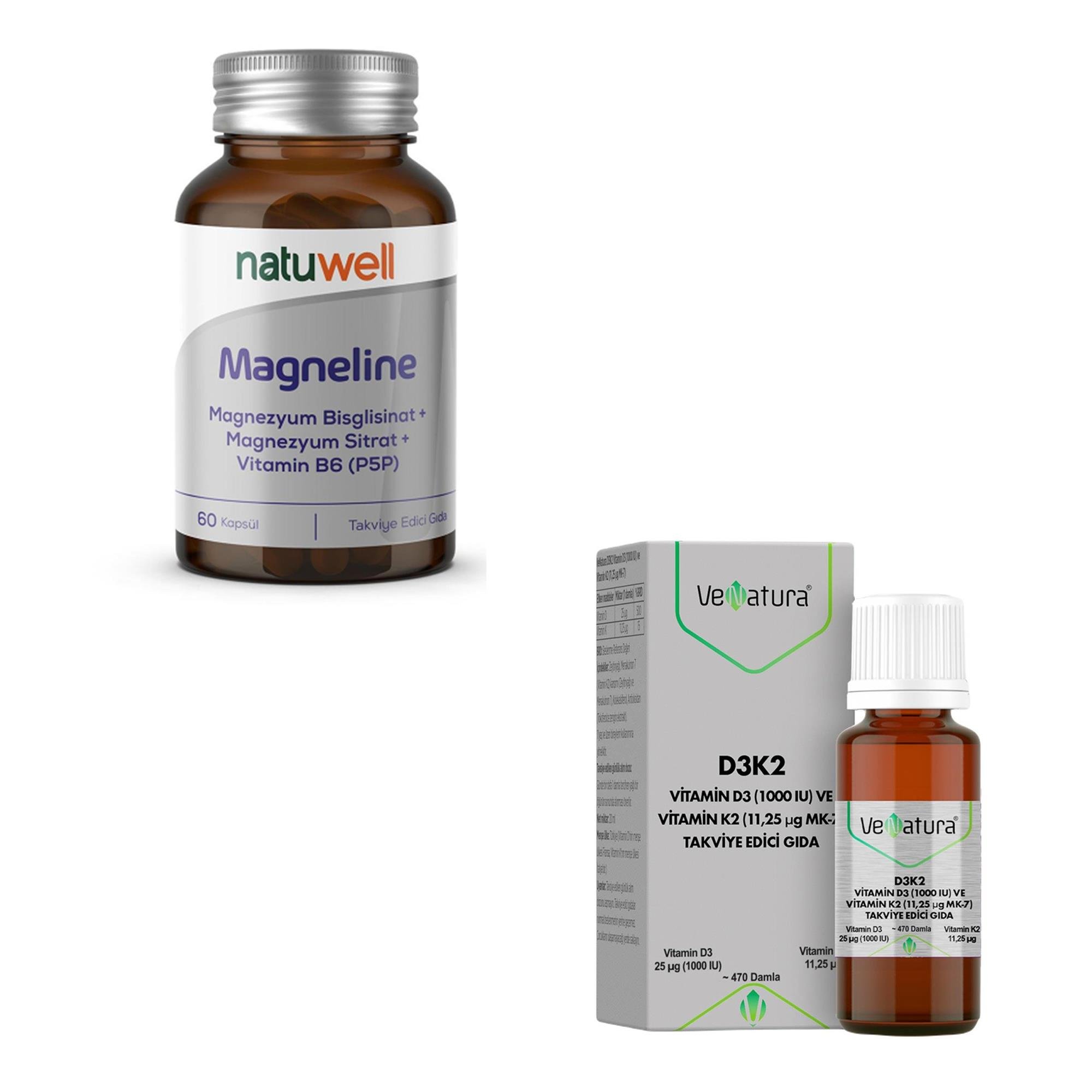 Natuwell Magneline P5P 60 kapsül + Venatura D3K2 Vitamin D3 1000