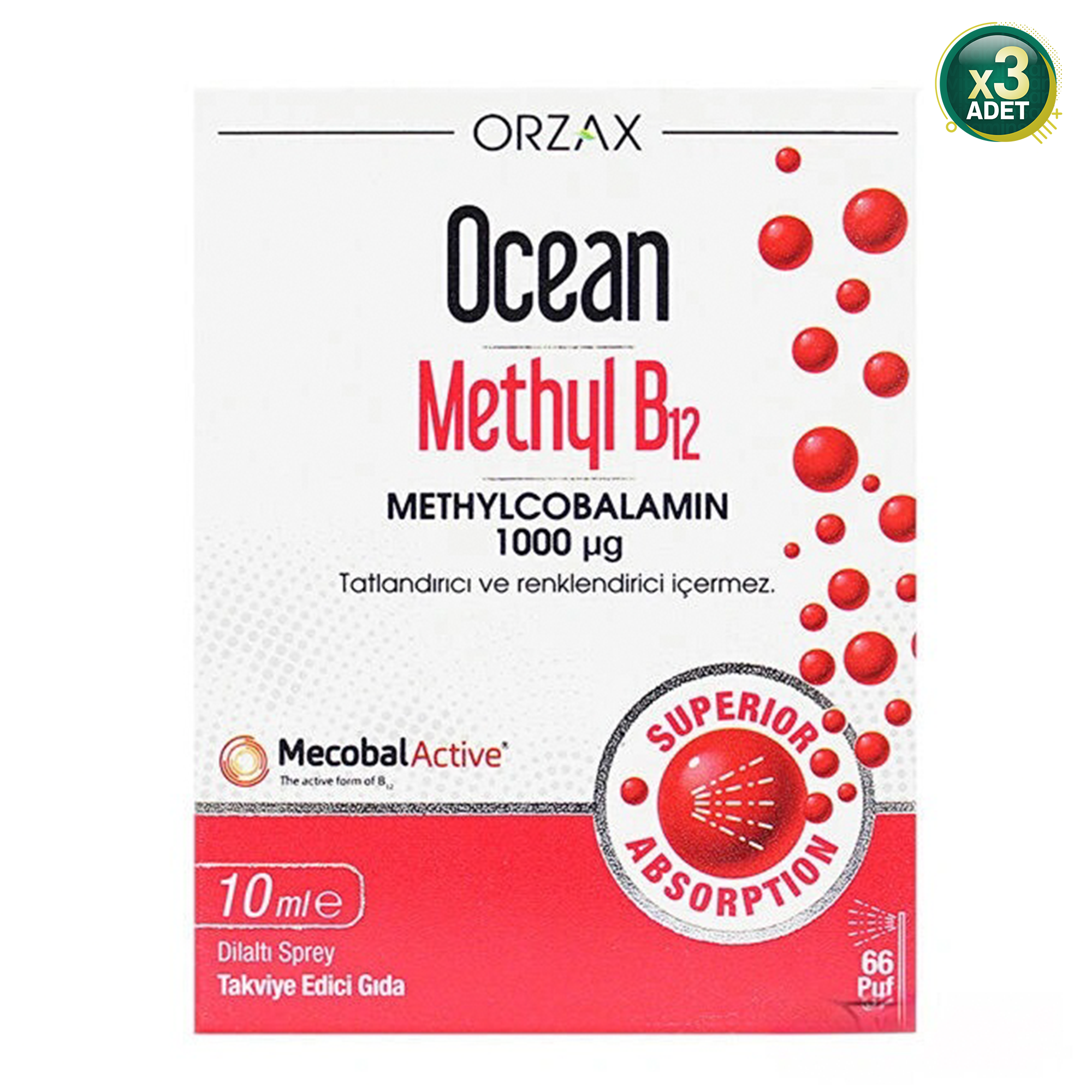 Ocean Methyl B12 1000 Mcg 10 ml Dilaltı Sprey - 3 Adet (30 Ml)