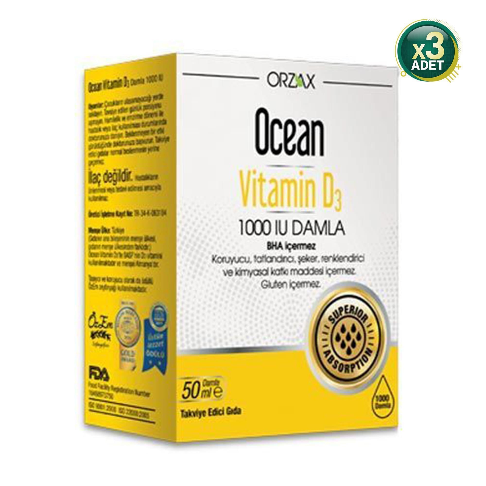 Ocean Vitamin D3 1000 IU Damla 50 ml 3 Adet